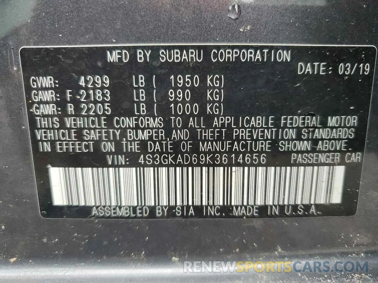 12 Photograph of a damaged car 4S3GKAD69K3614656 SUBARU IMPREZA 2019