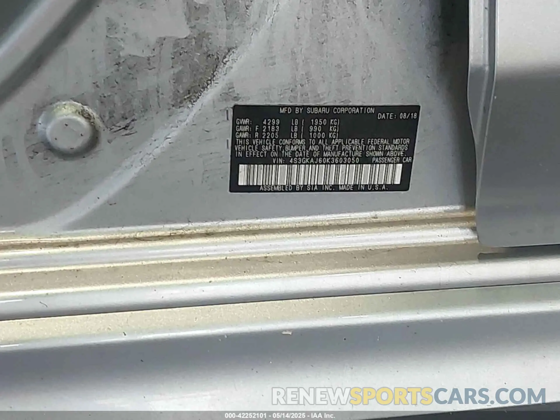 9 Photograph of a damaged car 4S3GKAJ60K3603050 SUBARU IMPREZA 2019