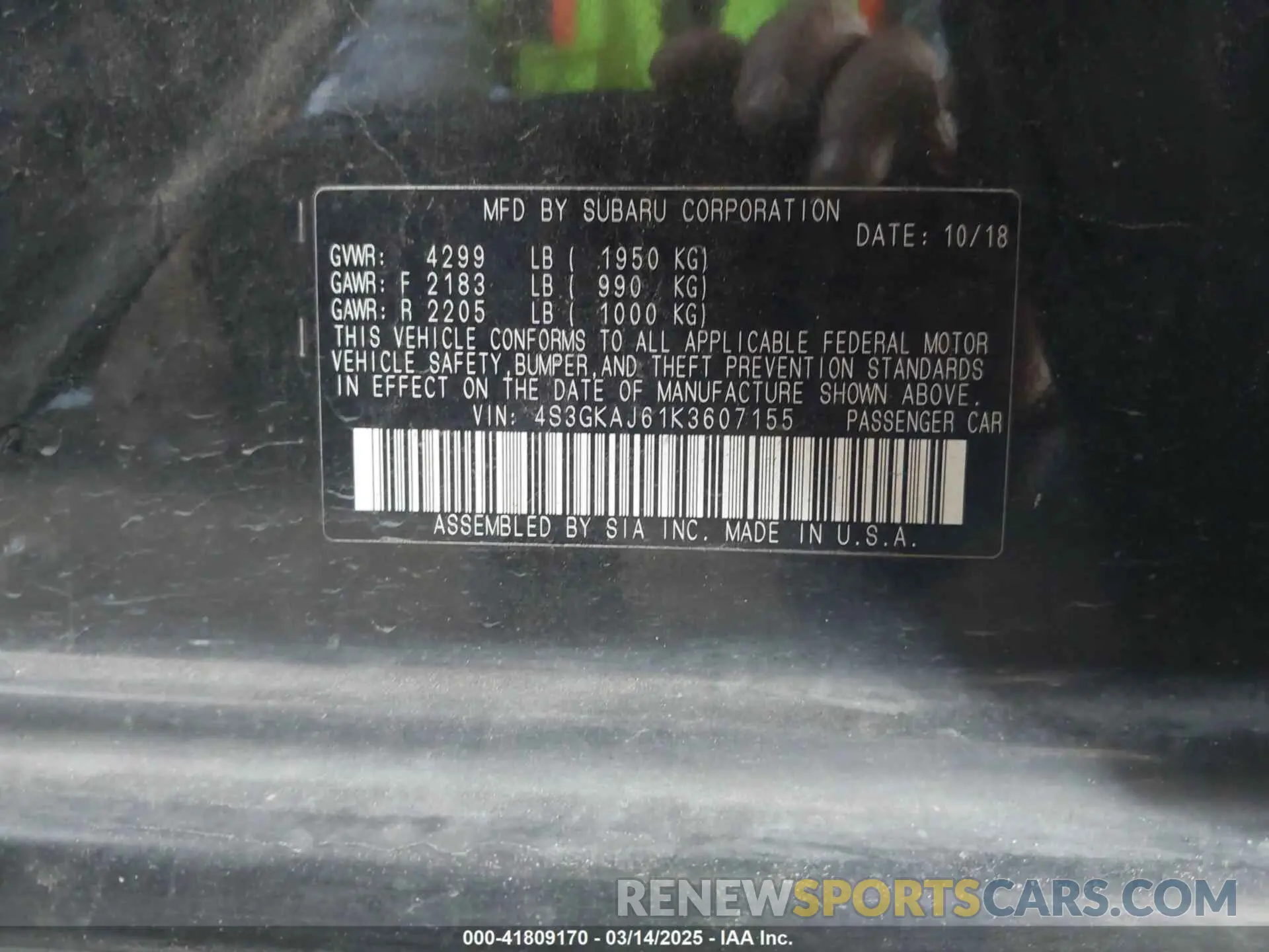 9 Photograph of a damaged car 4S3GKAJ61K3607155 SUBARU IMPREZA 2019