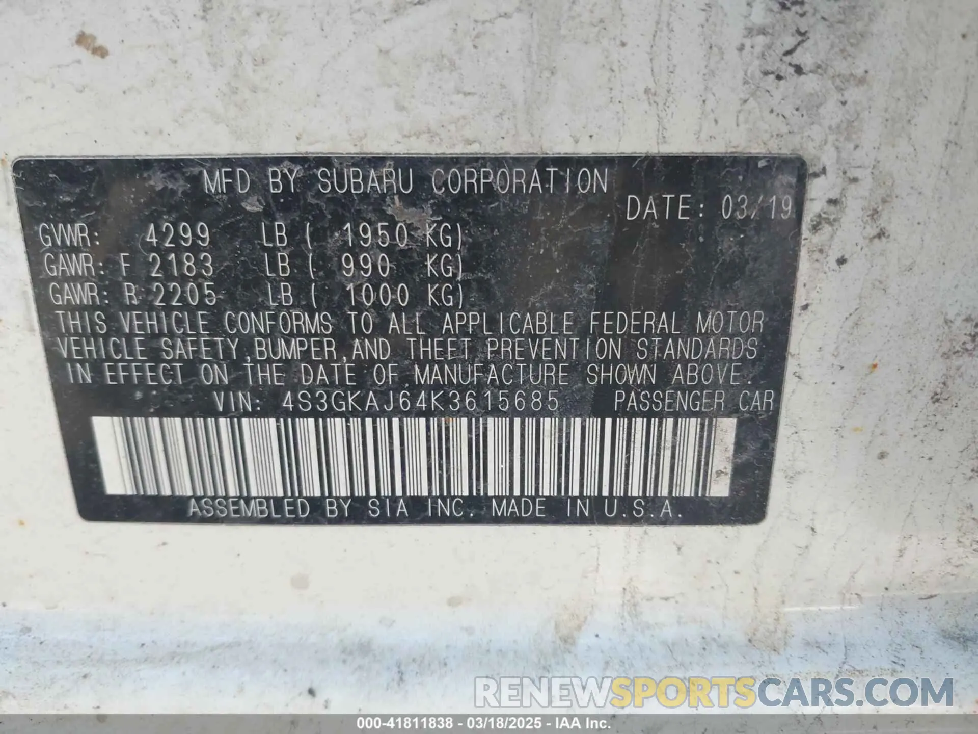 9 Photograph of a damaged car 4S3GKAJ64K3615685 SUBARU IMPREZA 2019