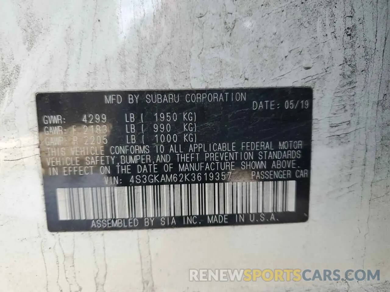 12 Photograph of a damaged car 4S3GKAM62K3619357 SUBARU IMPREZA 2019