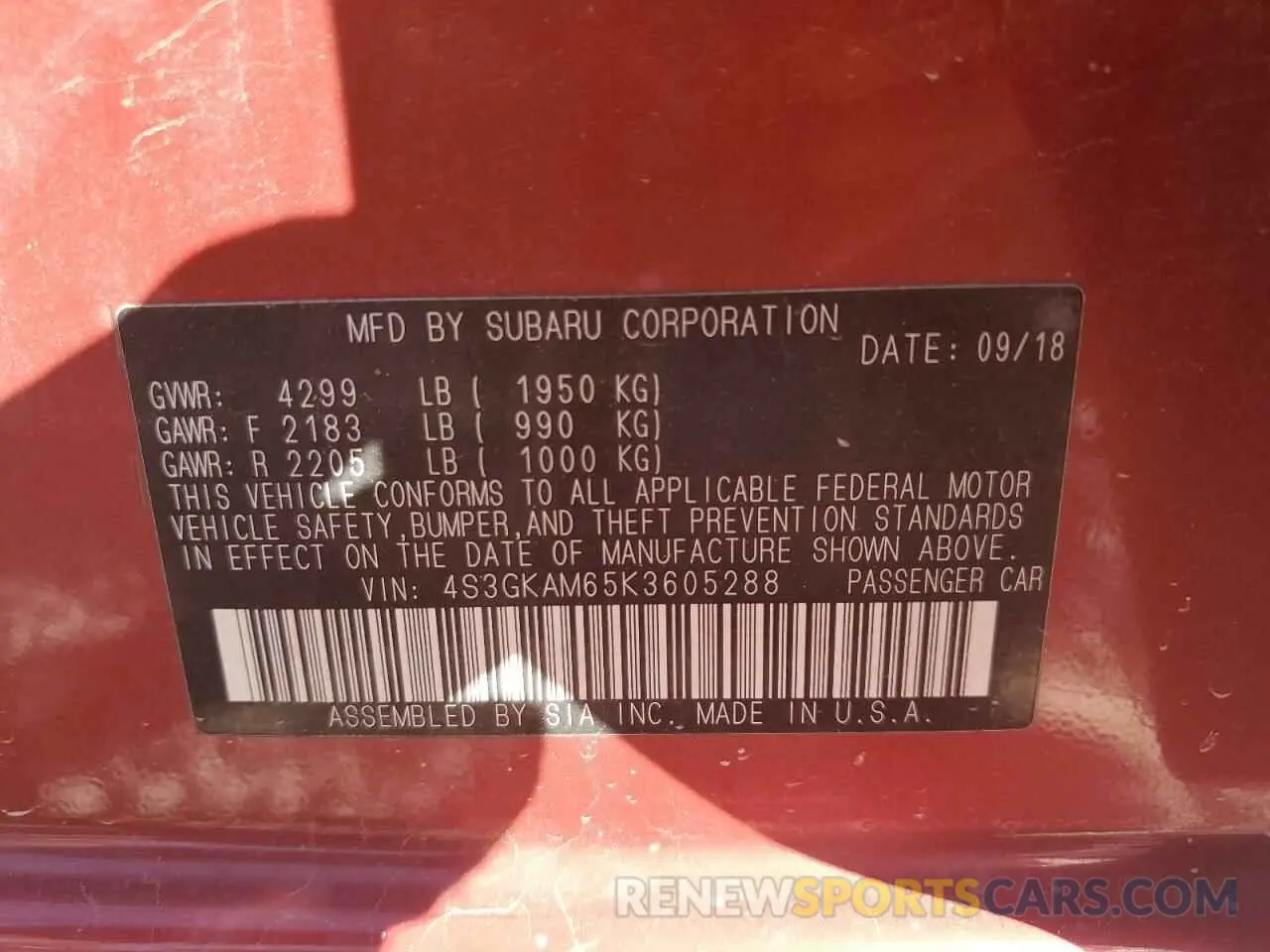 12 Photograph of a damaged car 4S3GKAM65K3605288 SUBARU IMPREZA 2019