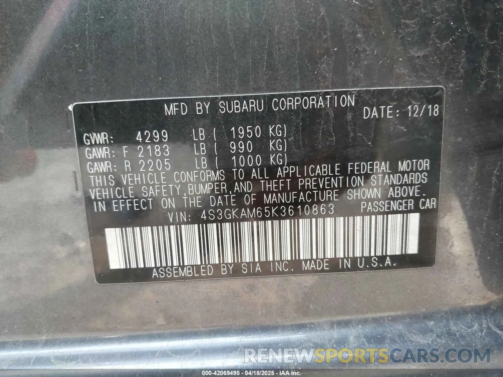 9 Photograph of a damaged car 4S3GKAM65K3610863 SUBARU IMPREZA 2019