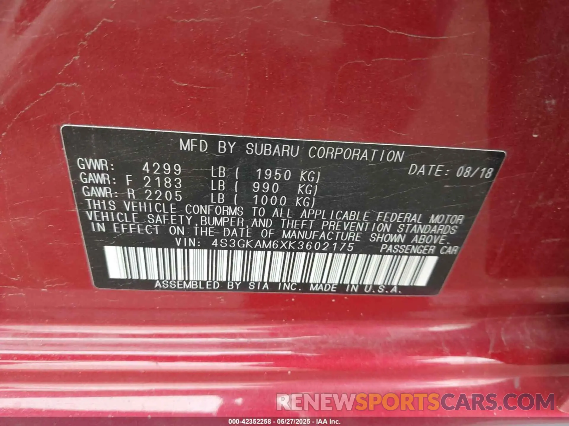 9 Photograph of a damaged car 4S3GKAM6XK3602175 SUBARU IMPREZA 2019