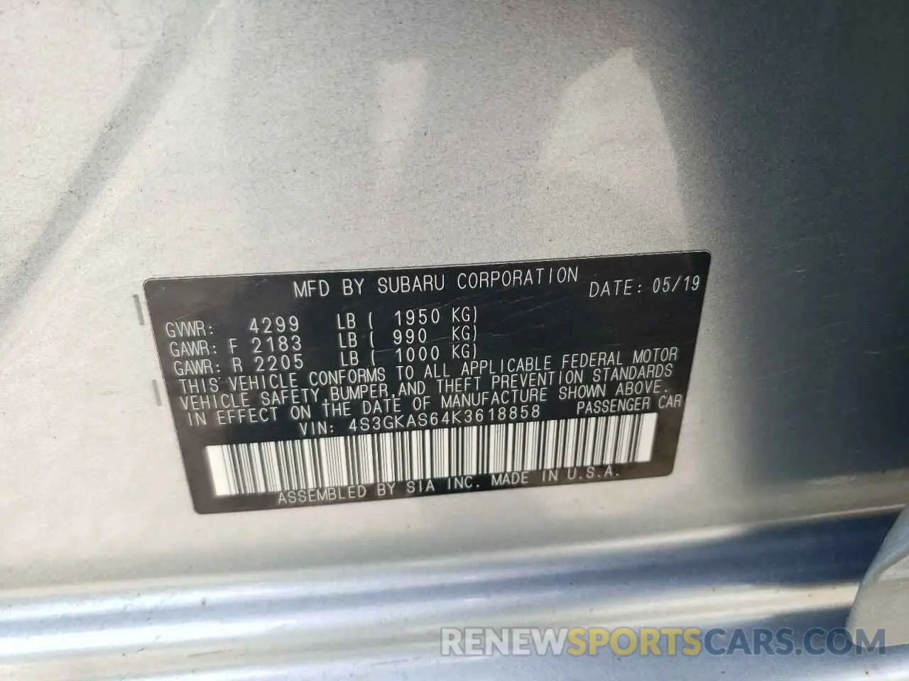 12 Photograph of a damaged car 4S3GKAS64K3618858 SUBARU IMPREZA 2019