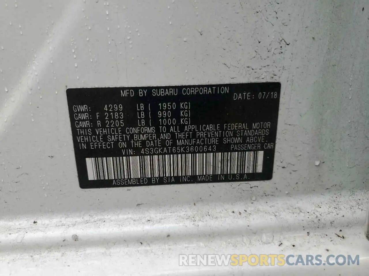 12 Photograph of a damaged car 4S3GKAT65K3600643 SUBARU IMPREZA 2019