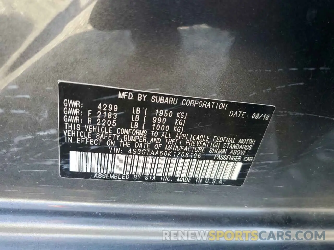 14 Photograph of a damaged car 4S3GTAA60K1706106 SUBARU IMPREZA 2019