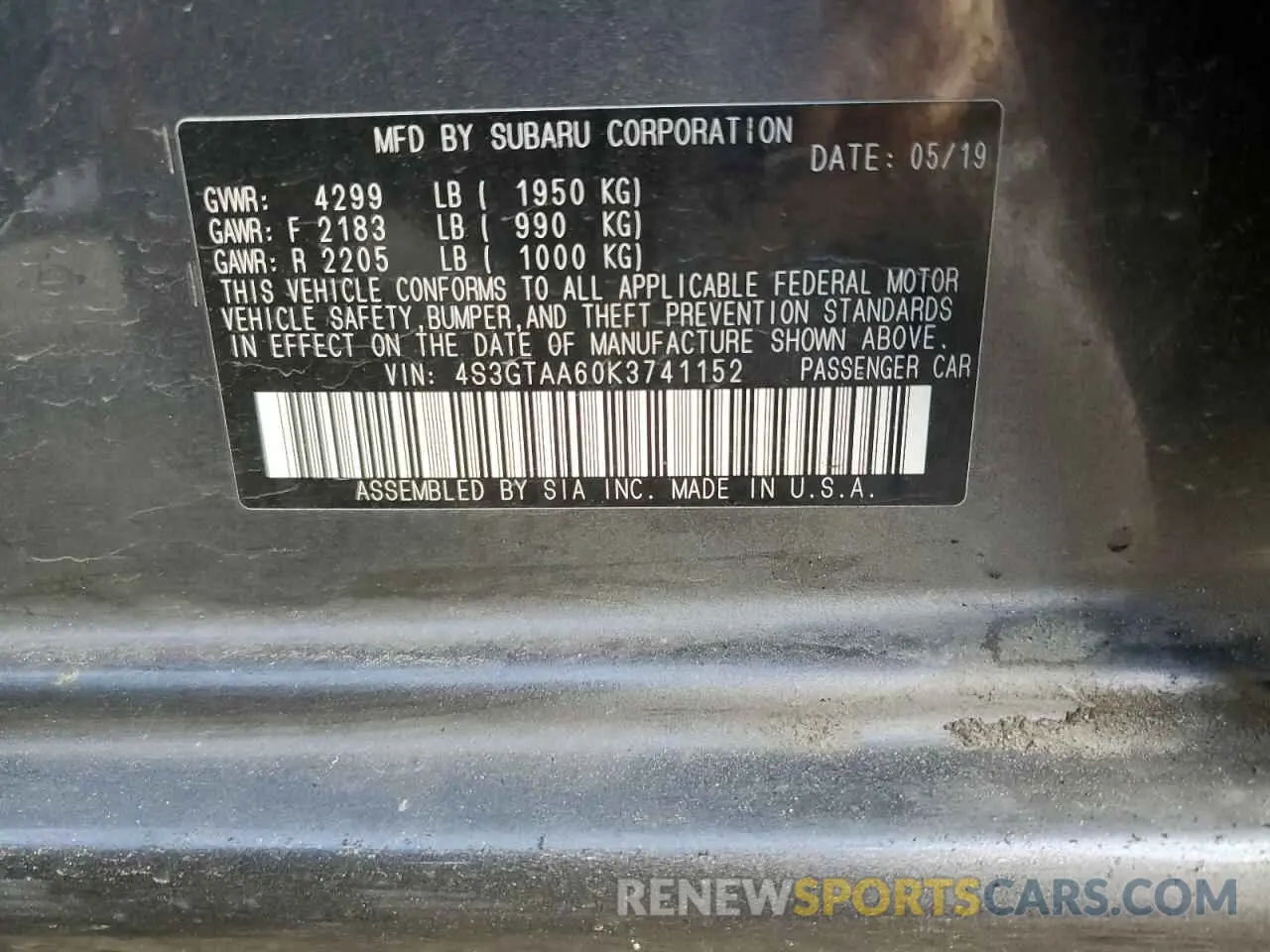 13 Photograph of a damaged car 4S3GTAA60K3741152 SUBARU IMPREZA 2019