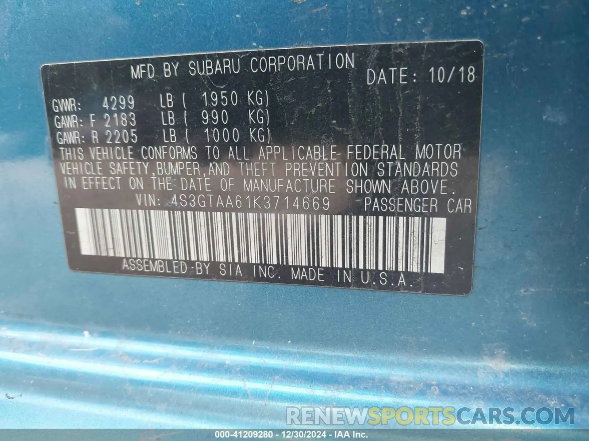9 Photograph of a damaged car 4S3GTAA61K3714669 SUBARU IMPREZA 2019