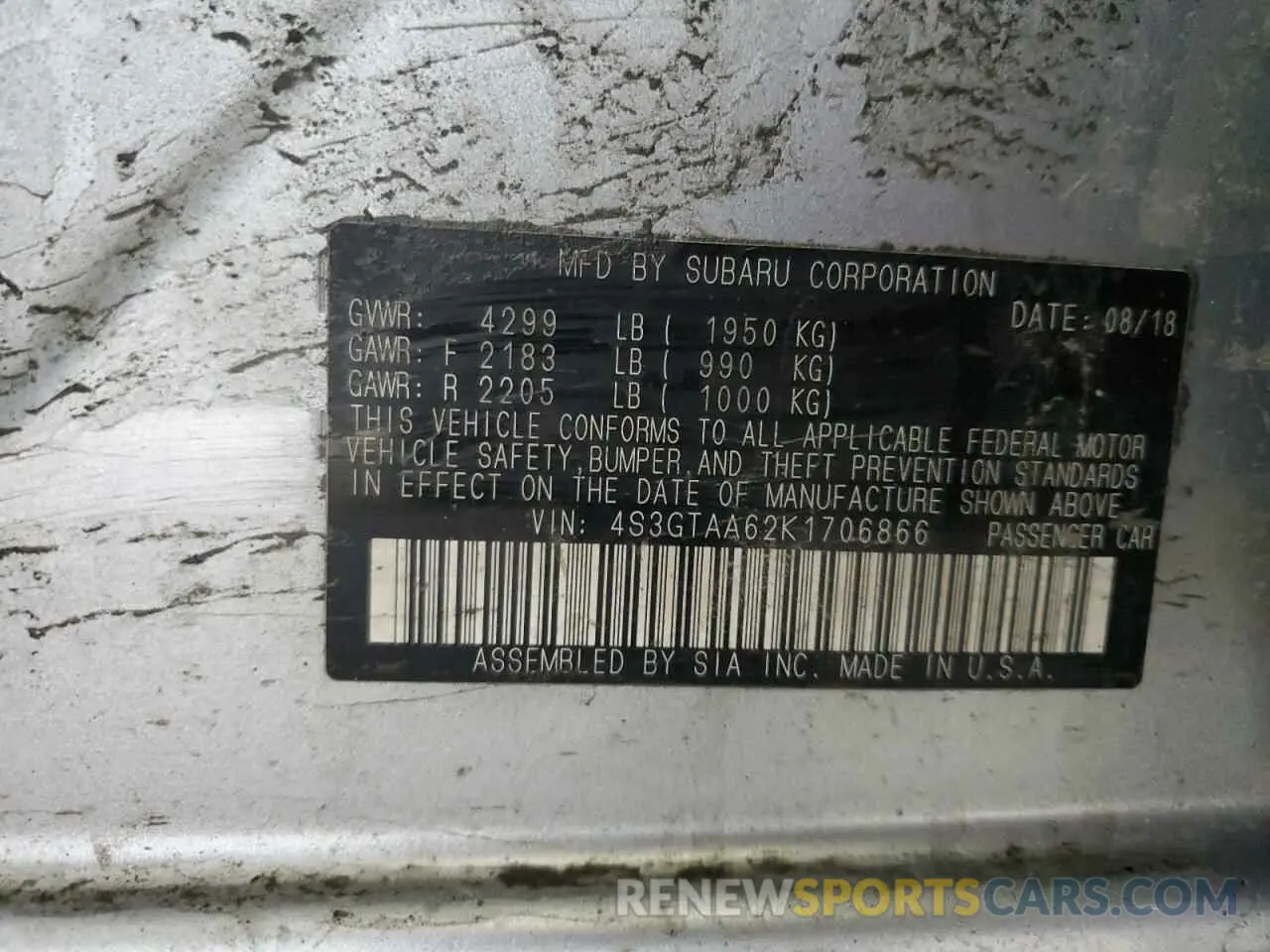 12 Photograph of a damaged car 4S3GTAA62K1706866 SUBARU IMPREZA 2019