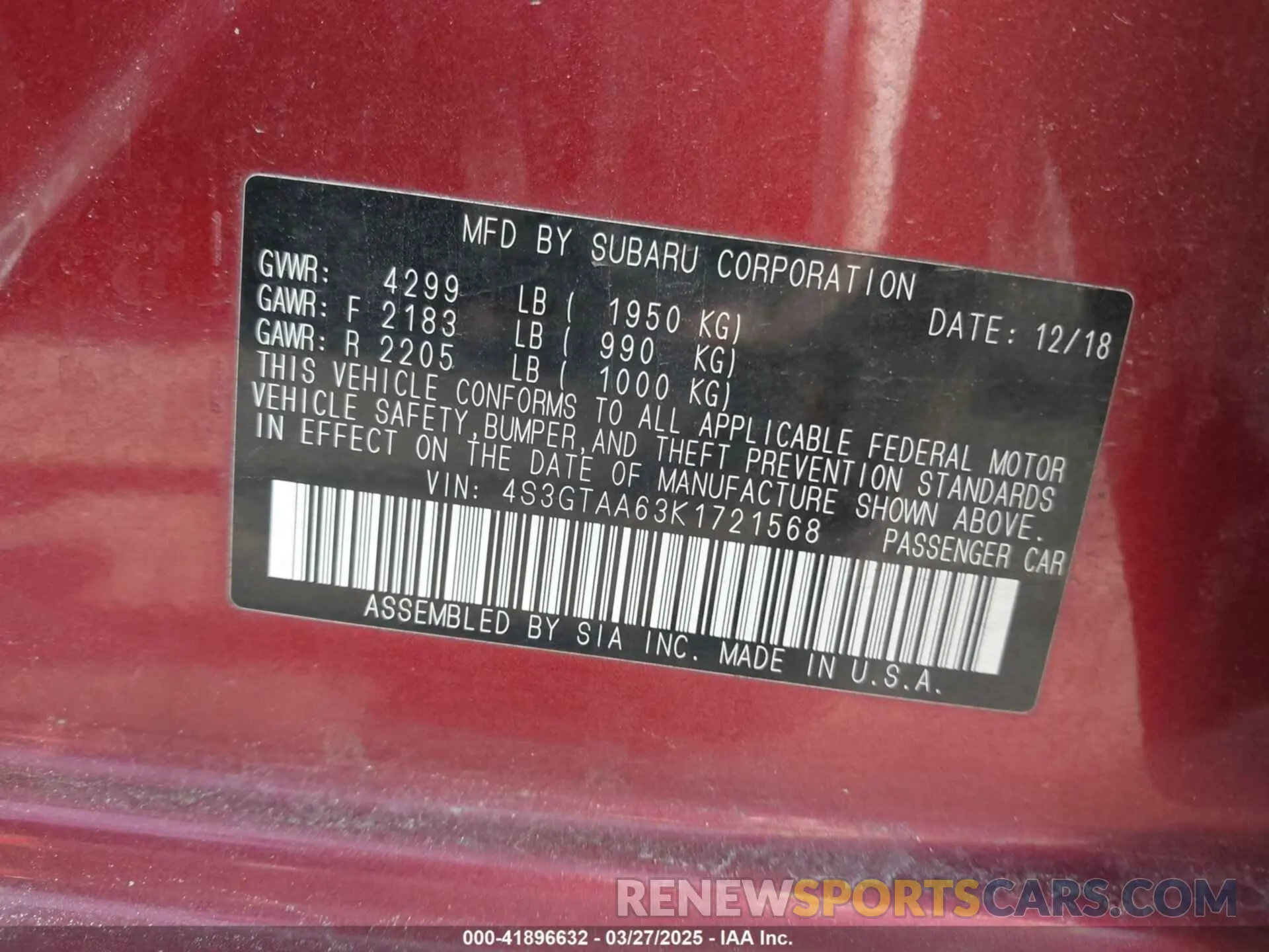 9 Photograph of a damaged car 4S3GTAA63K1721568 SUBARU IMPREZA 2019