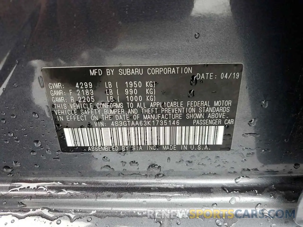 12 Photograph of a damaged car 4S3GTAA63K1735146 SUBARU IMPREZA 2019