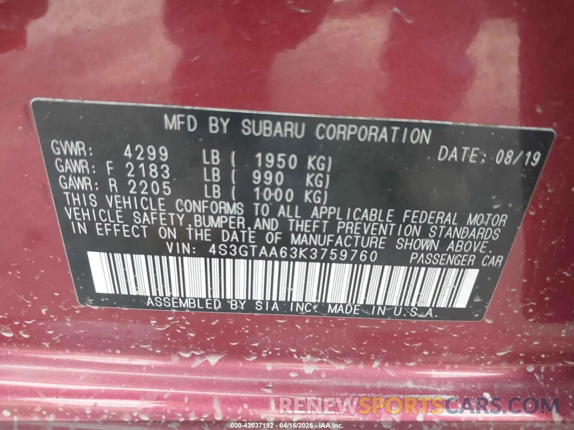 9 Photograph of a damaged car 4S3GTAA63K3759760 SUBARU IMPREZA 2019