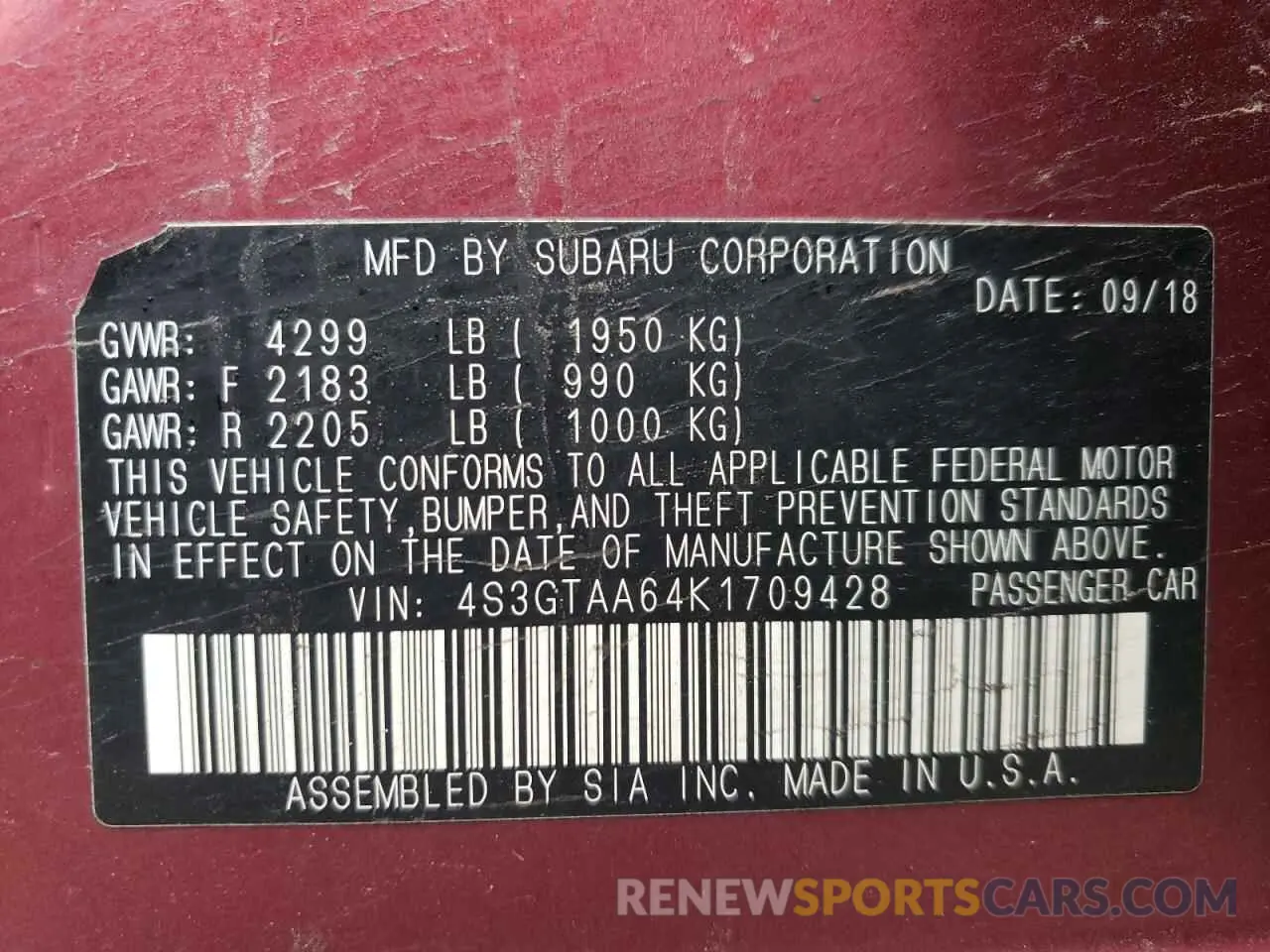12 Photograph of a damaged car 4S3GTAA64K1709428 SUBARU IMPREZA 2019