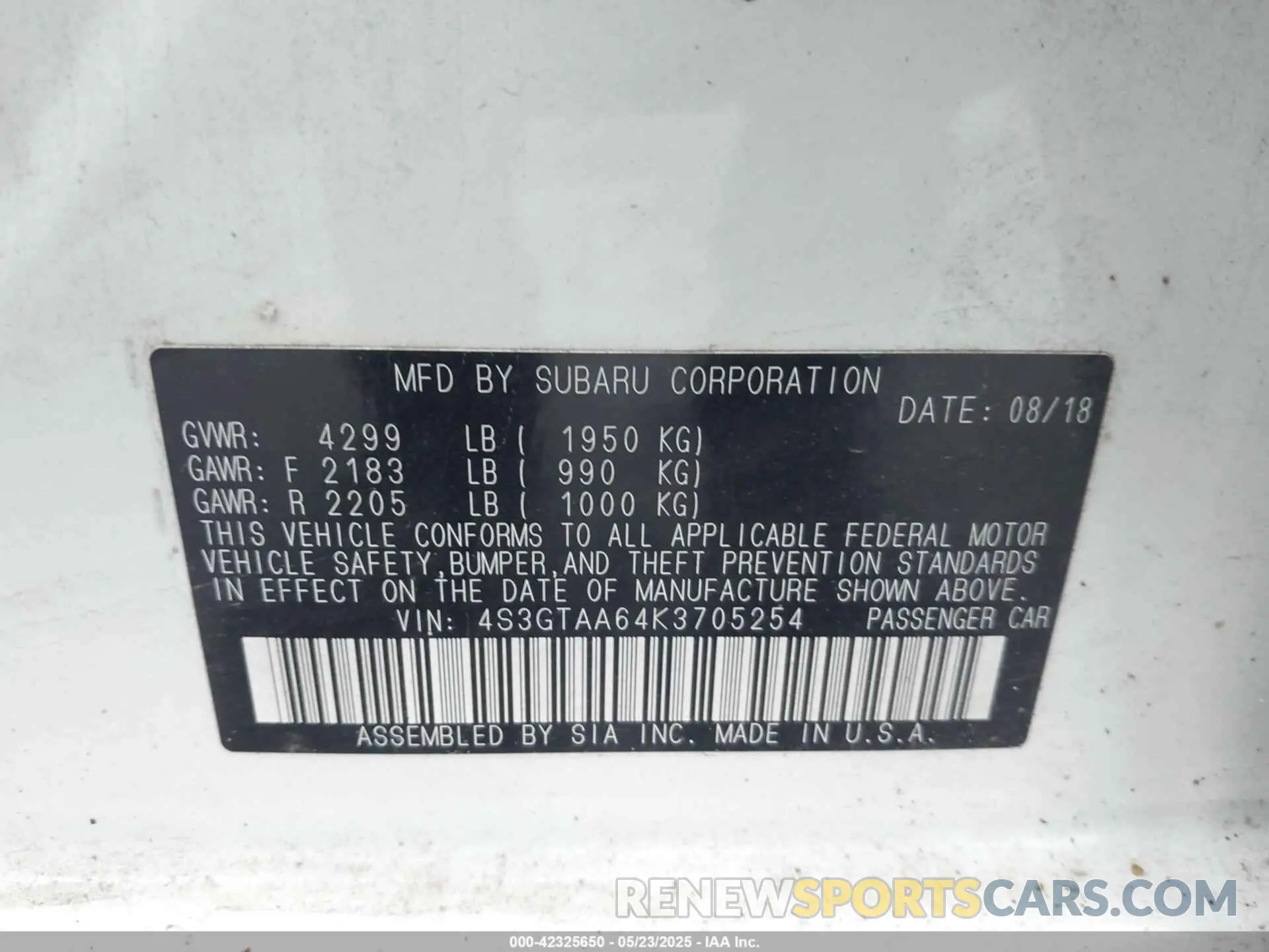 9 Photograph of a damaged car 4S3GTAA64K3705254 SUBARU IMPREZA 2019