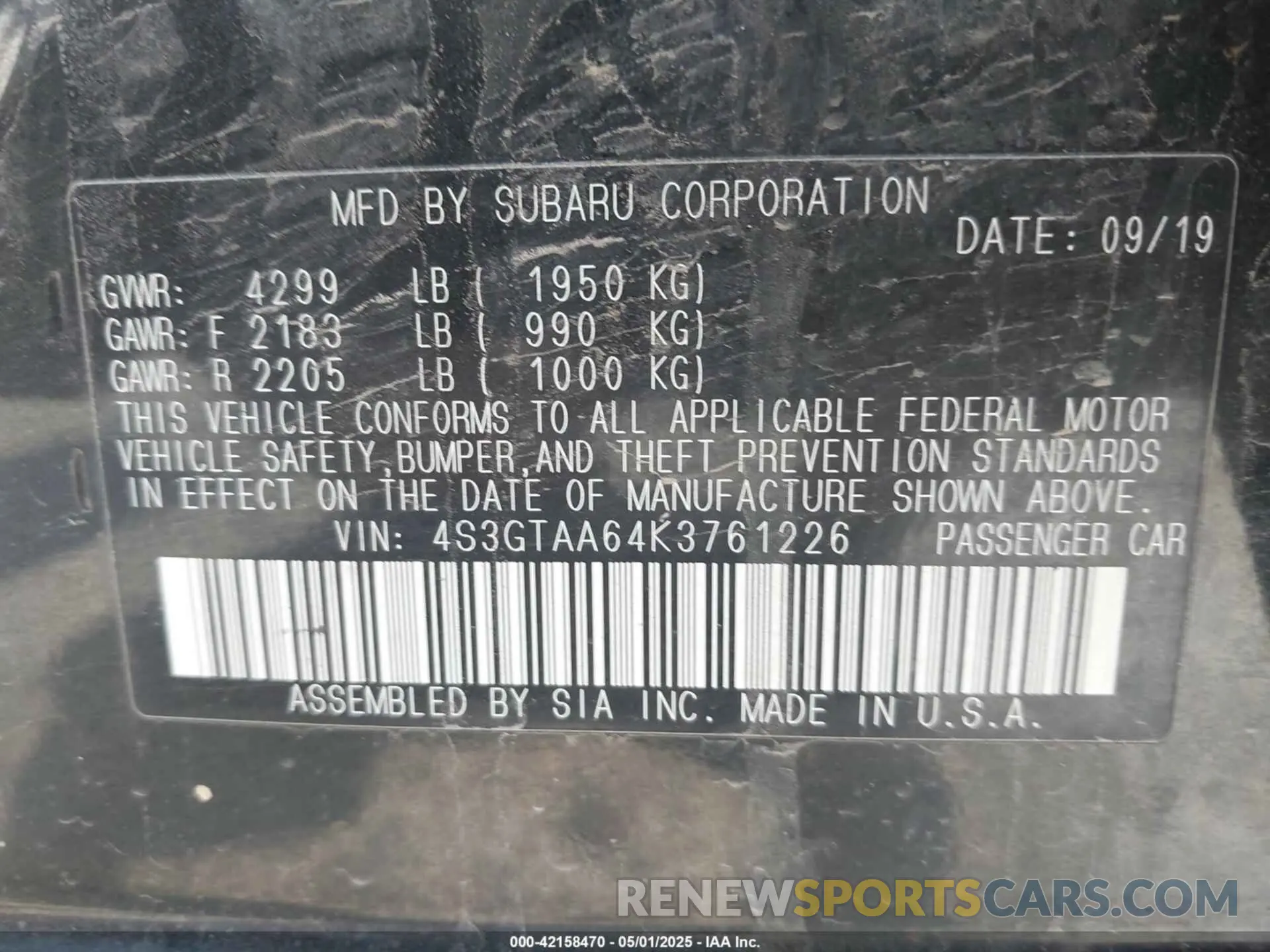 9 Photograph of a damaged car 4S3GTAA64K3761226 SUBARU IMPREZA 2019