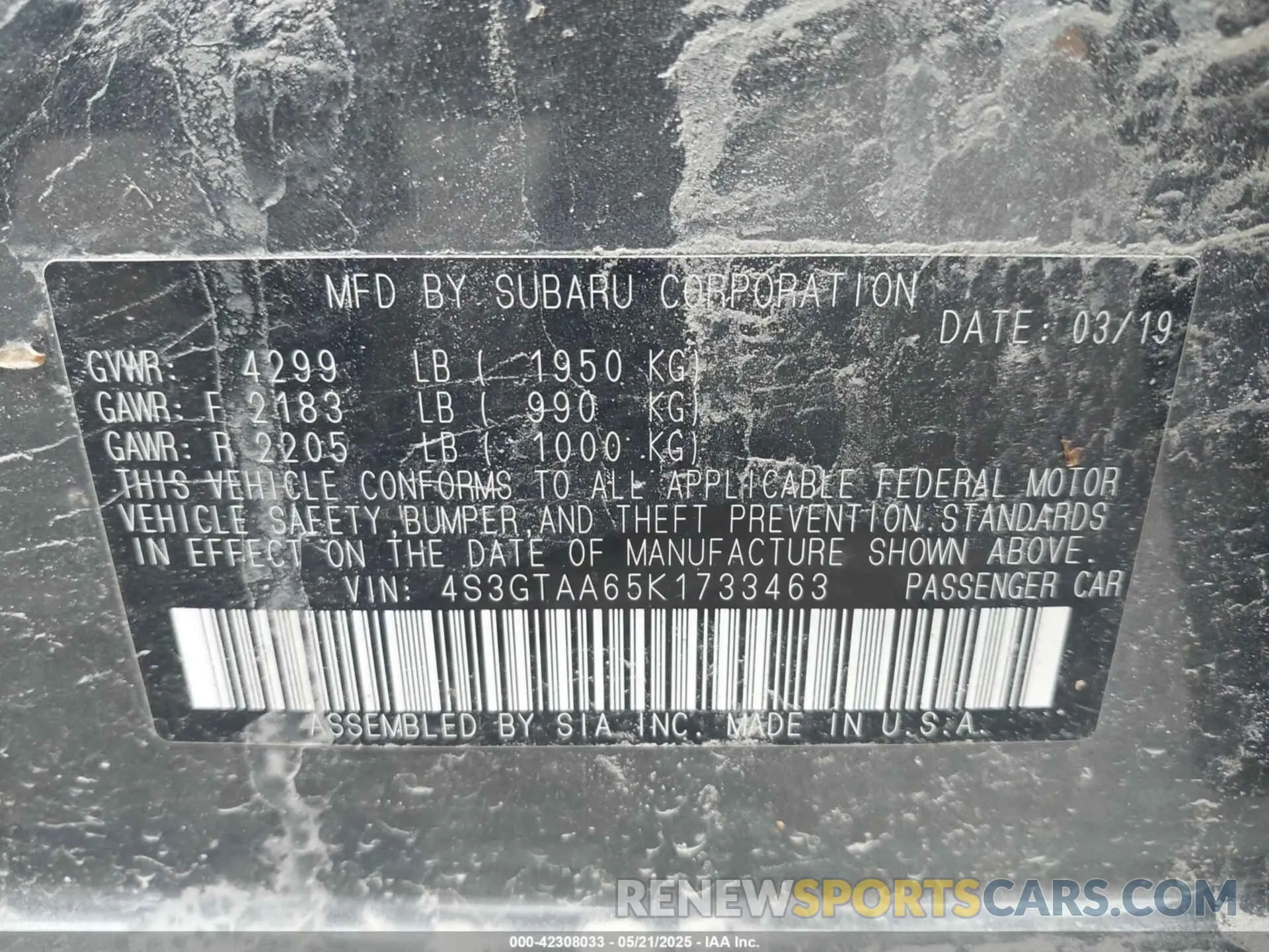 9 Photograph of a damaged car 4S3GTAA65K1733463 SUBARU IMPREZA 2019