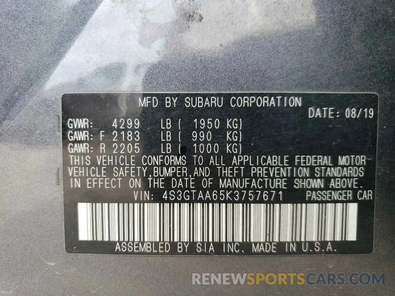12 Photograph of a damaged car 4S3GTAA65K3757671 SUBARU IMPREZA 2019