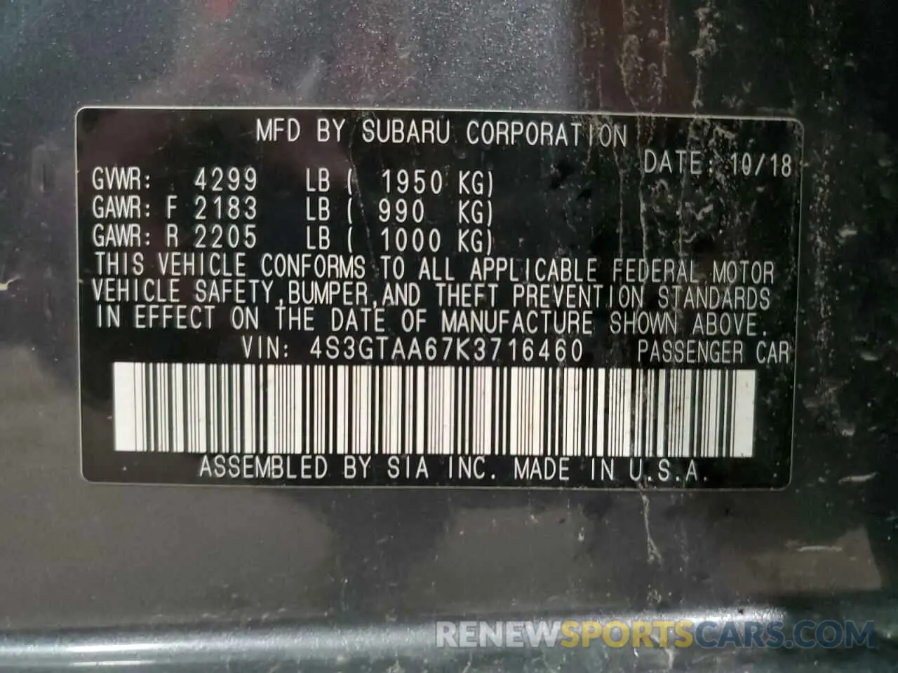14 Photograph of a damaged car 4S3GTAA67K3716460 SUBARU IMPREZA 2019