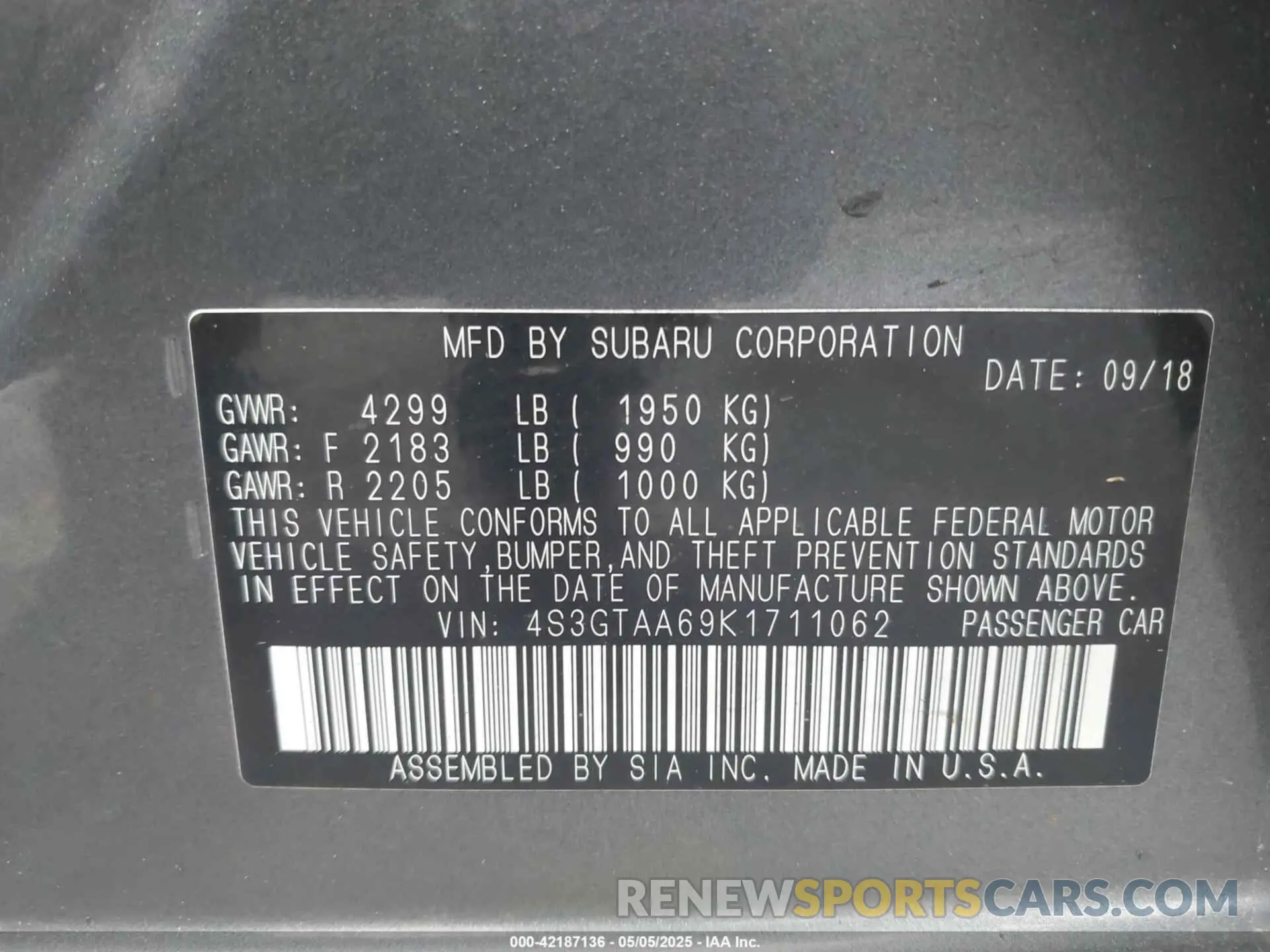 9 Photograph of a damaged car 4S3GTAA69K1711062 SUBARU IMPREZA 2019