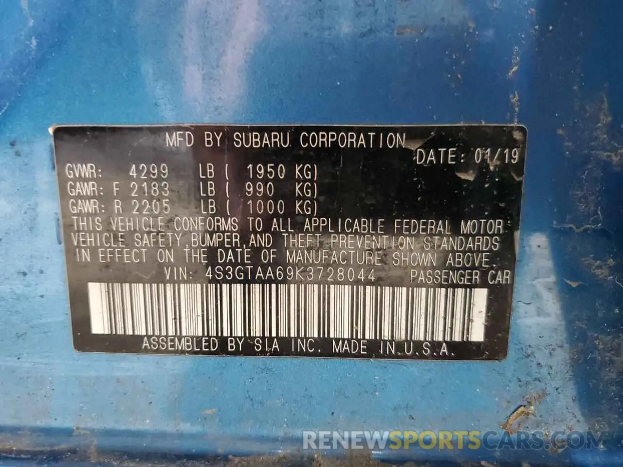 15 Photograph of a damaged car 4S3GTAA69K3728044 SUBARU IMPREZA 2019