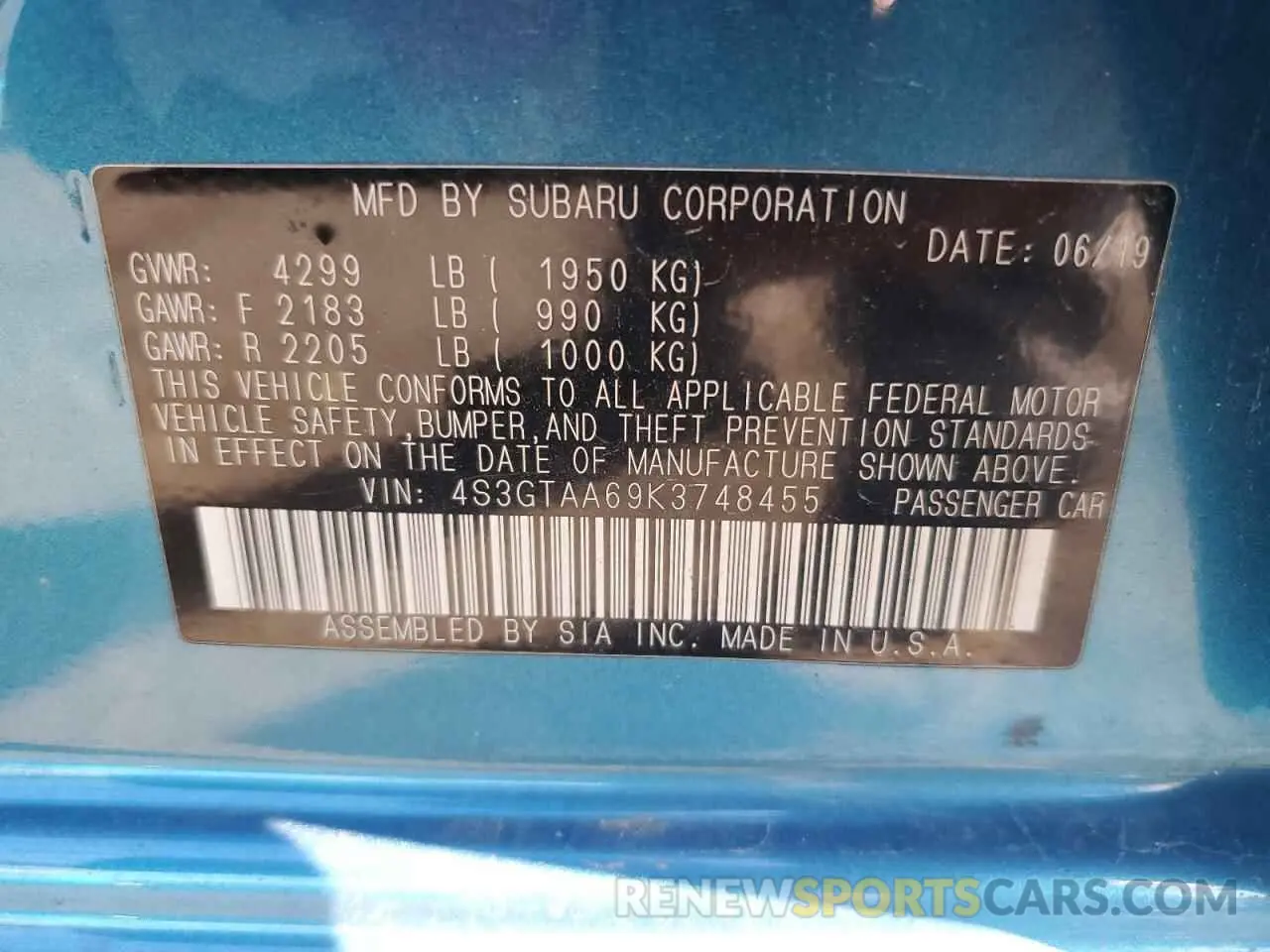 12 Photograph of a damaged car 4S3GTAA69K3748455 SUBARU IMPREZA 2019