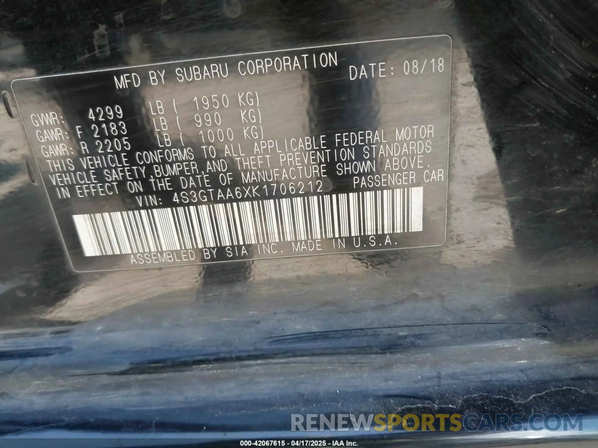9 Photograph of a damaged car 4S3GTAA6XK1706212 SUBARU IMPREZA 2019