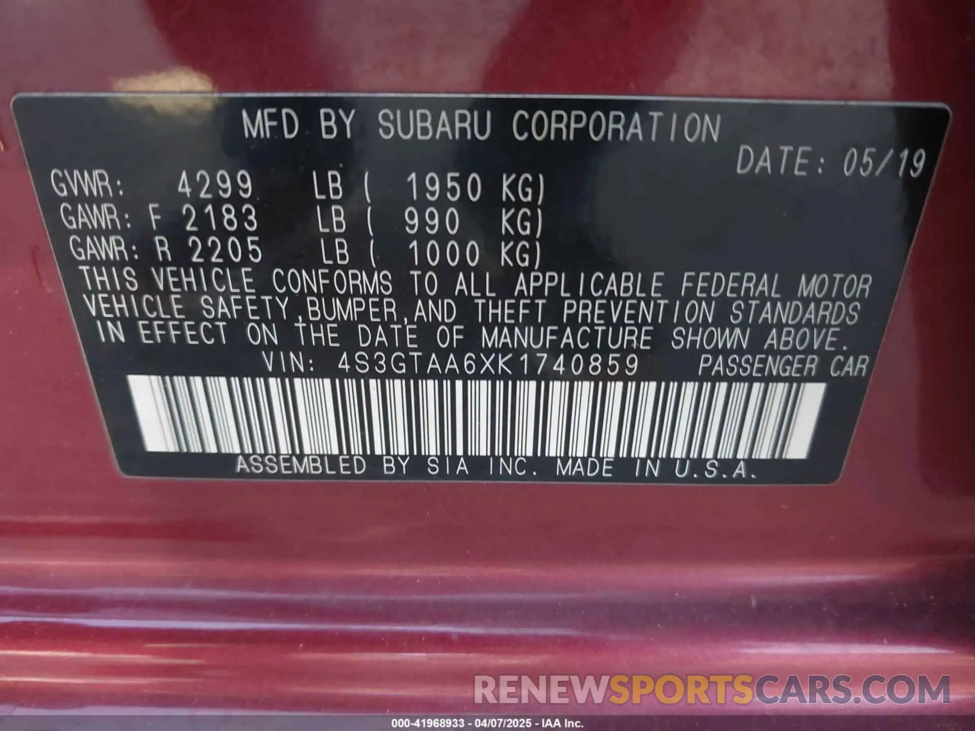 9 Photograph of a damaged car 4S3GTAA6XK1740859 SUBARU IMPREZA 2019