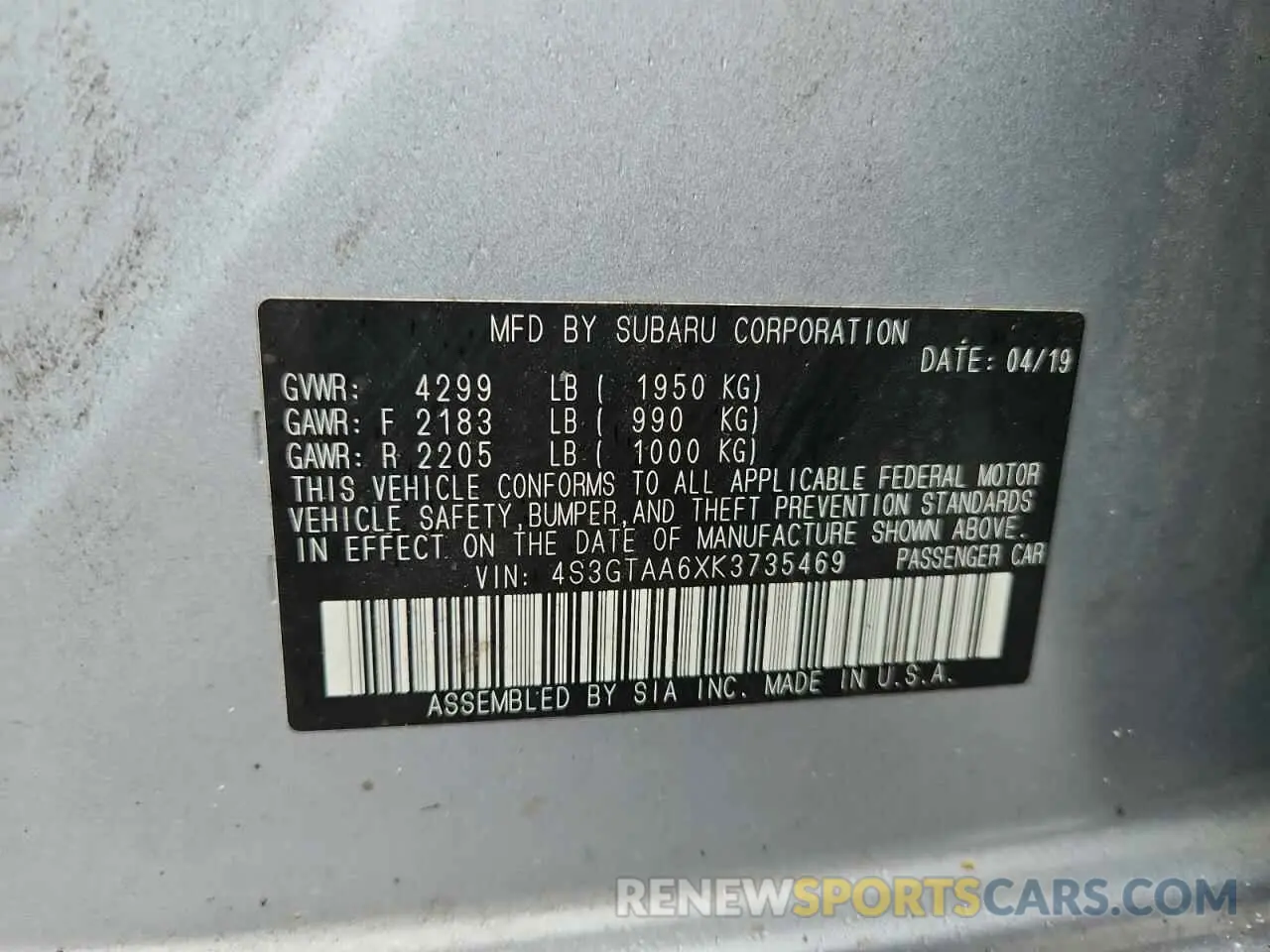 12 Photograph of a damaged car 4S3GTAA6XK3735469 SUBARU IMPREZA 2019