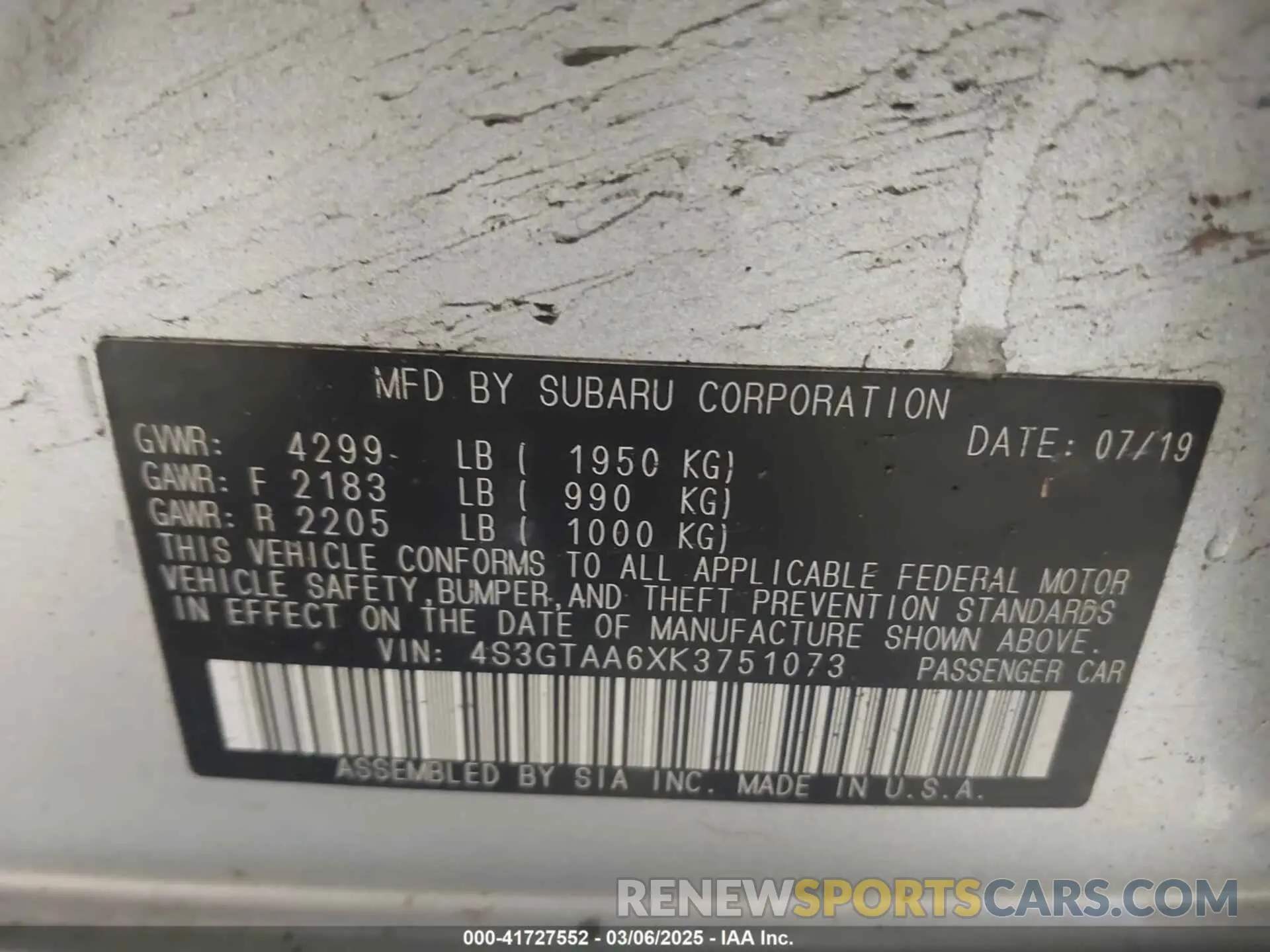 9 Photograph of a damaged car 4S3GTAA6XK3751073 SUBARU IMPREZA 2019