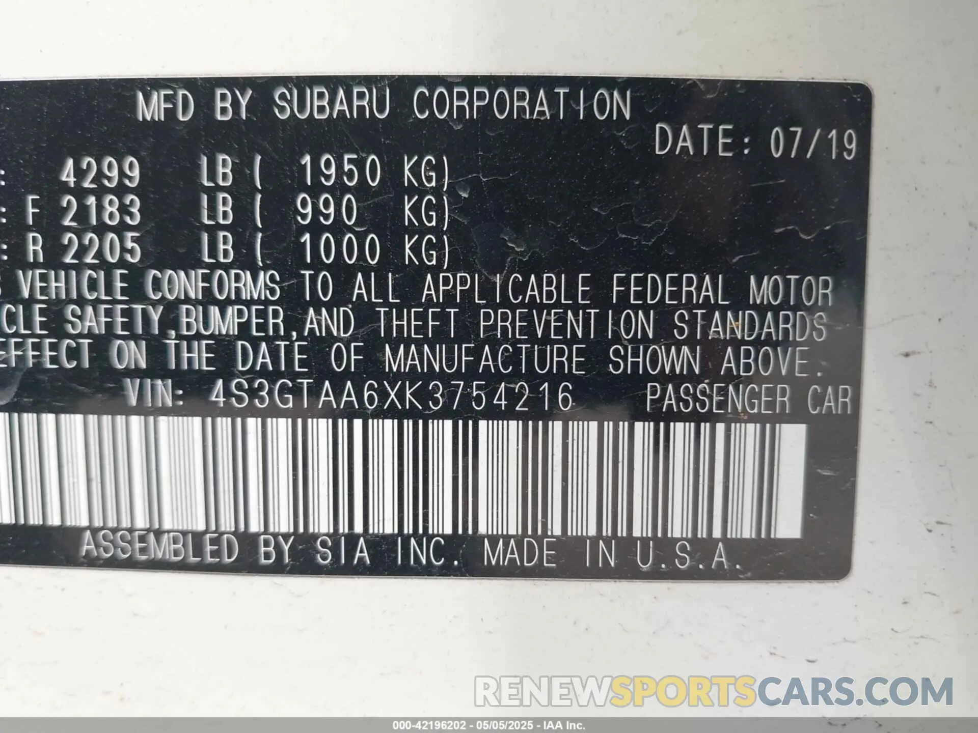 9 Photograph of a damaged car 4S3GTAA6XK3754216 SUBARU IMPREZA 2019