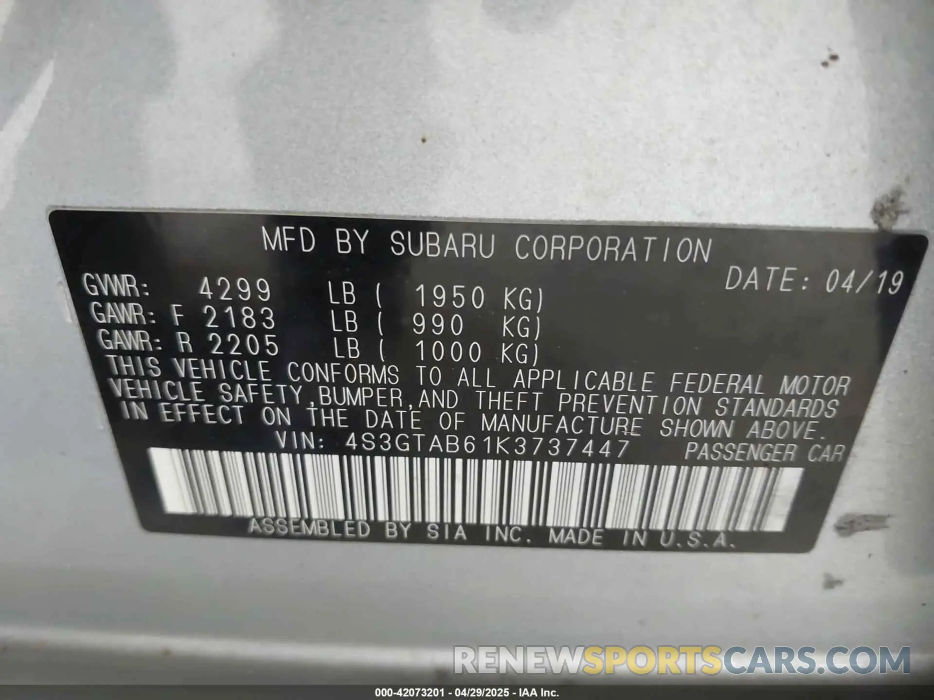 9 Photograph of a damaged car 4S3GTAB61K3737447 SUBARU IMPREZA 2019
