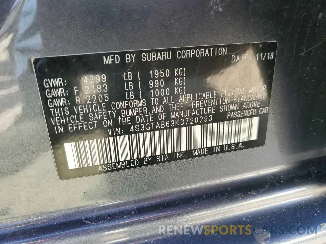 12 Photograph of a damaged car 4S3GTAB63K3720293 SUBARU IMPREZA 2019