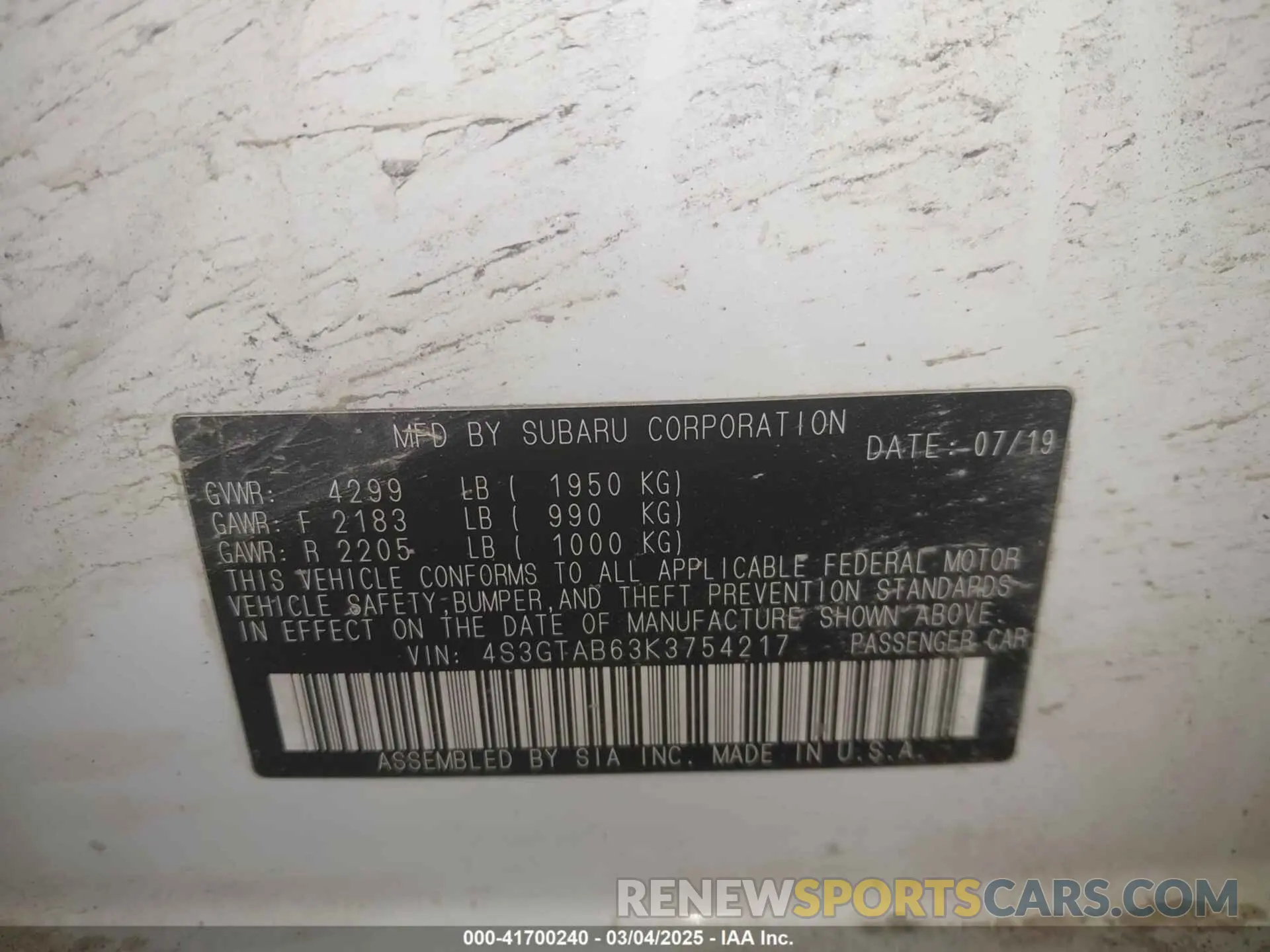9 Photograph of a damaged car 4S3GTAB63K3754217 SUBARU IMPREZA 2019