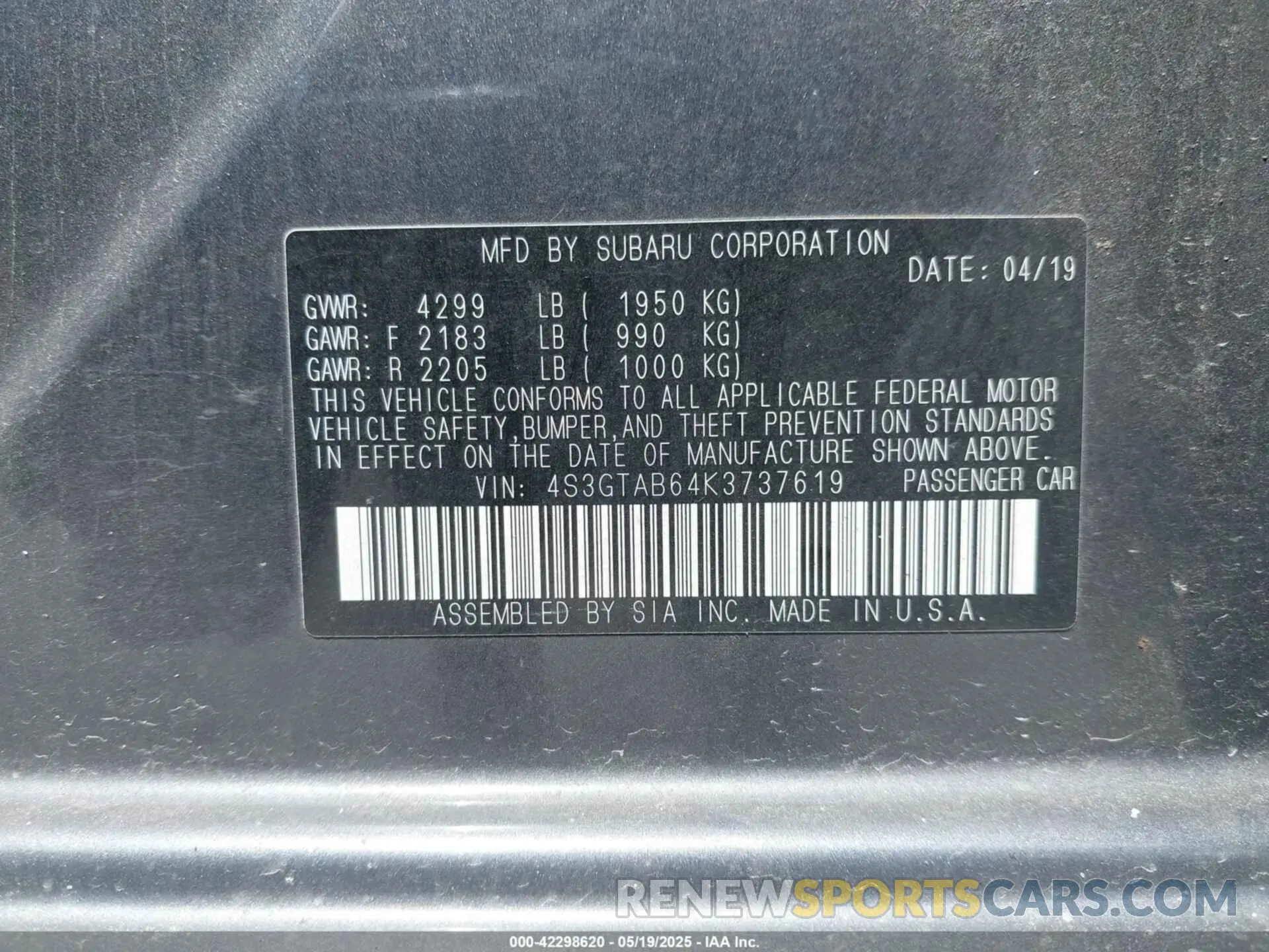 9 Photograph of a damaged car 4S3GTAB64K3737619 SUBARU IMPREZA 2019