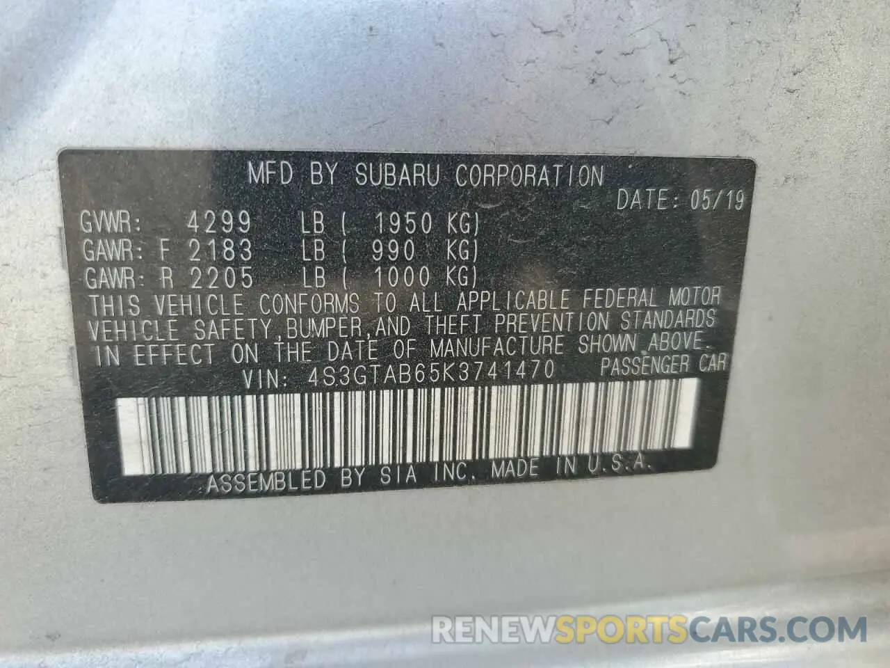 13 Photograph of a damaged car 4S3GTAB65K3741470 SUBARU IMPREZA 2019