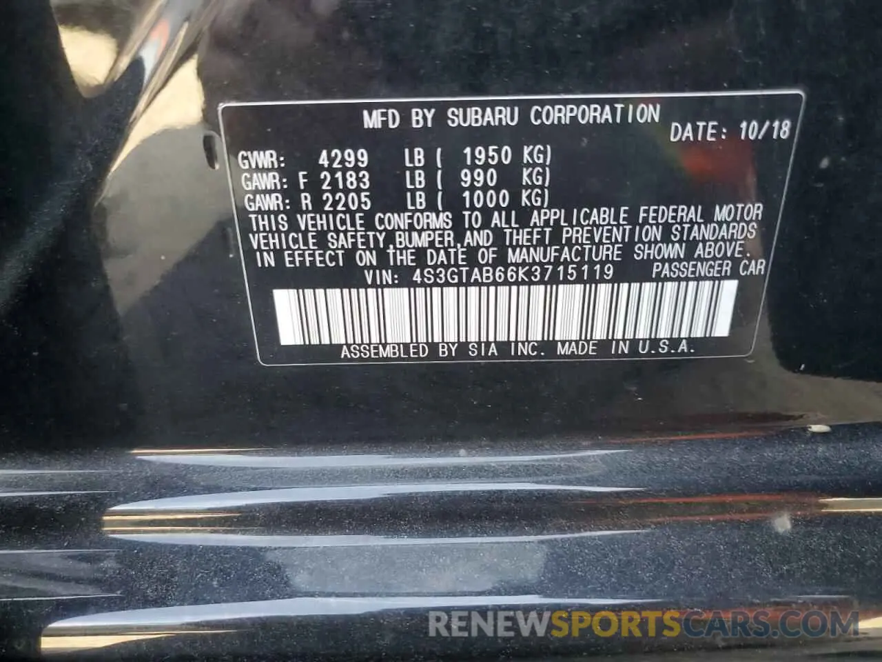 13 Photograph of a damaged car 4S3GTAB66K3715119 SUBARU IMPREZA 2019
