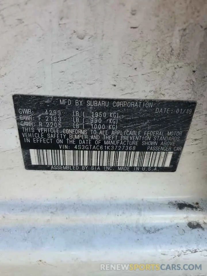 12 Photograph of a damaged car 4S3GTAC61K3727368 SUBARU IMPREZA 2019