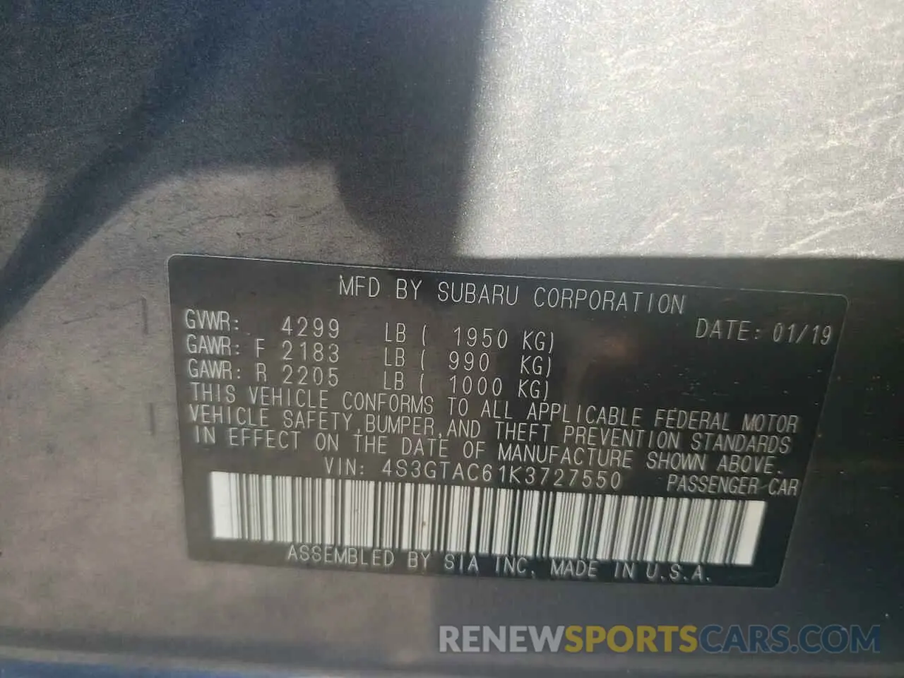 12 Photograph of a damaged car 4S3GTAC61K3727550 SUBARU IMPREZA 2019