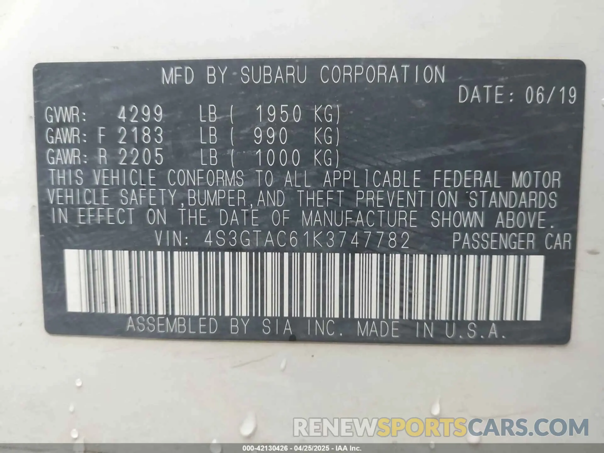 9 Photograph of a damaged car 4S3GTAC61K3747782 SUBARU IMPREZA 2019