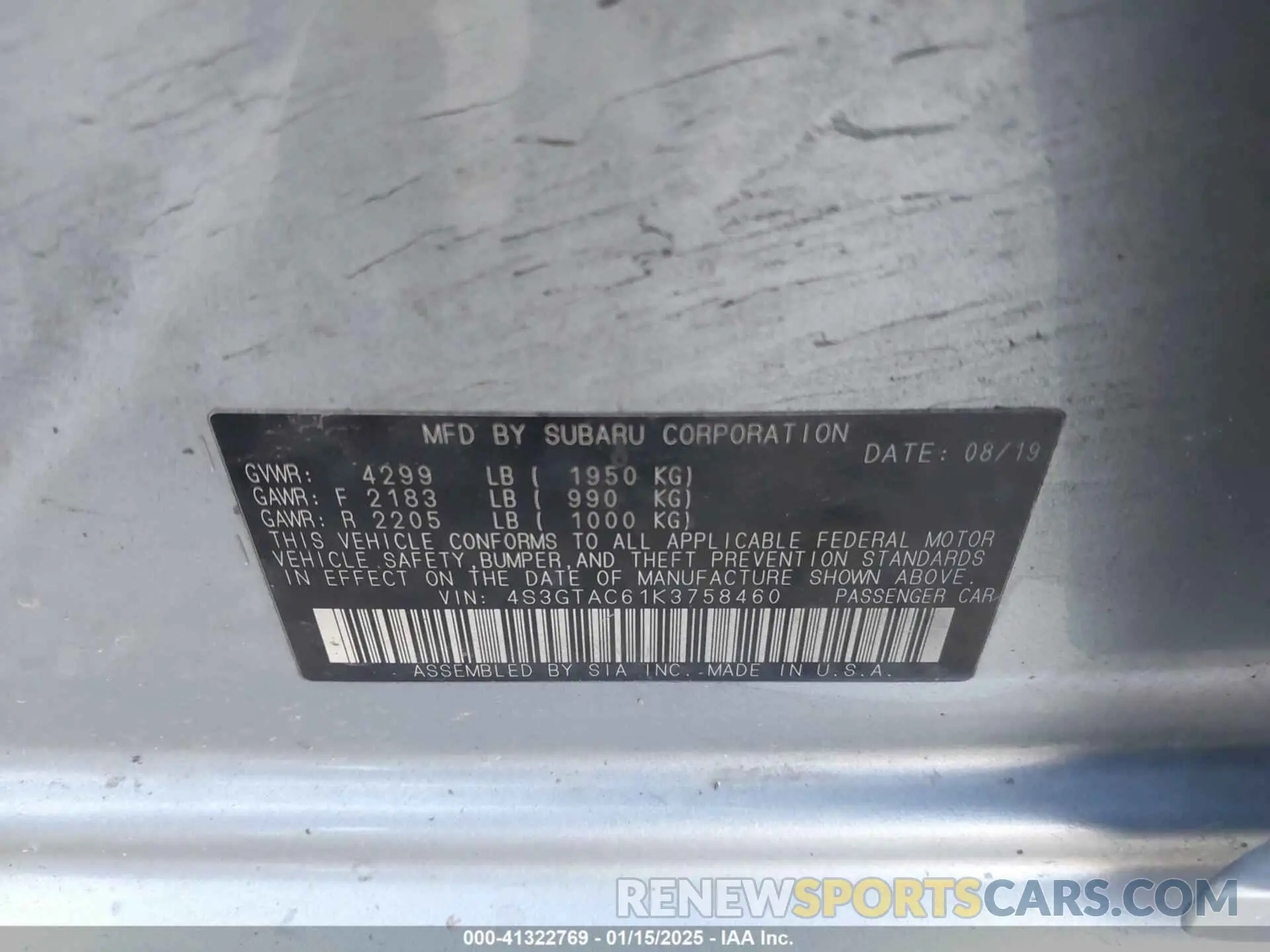 9 Photograph of a damaged car 4S3GTAC61K3758460 SUBARU IMPREZA 2019