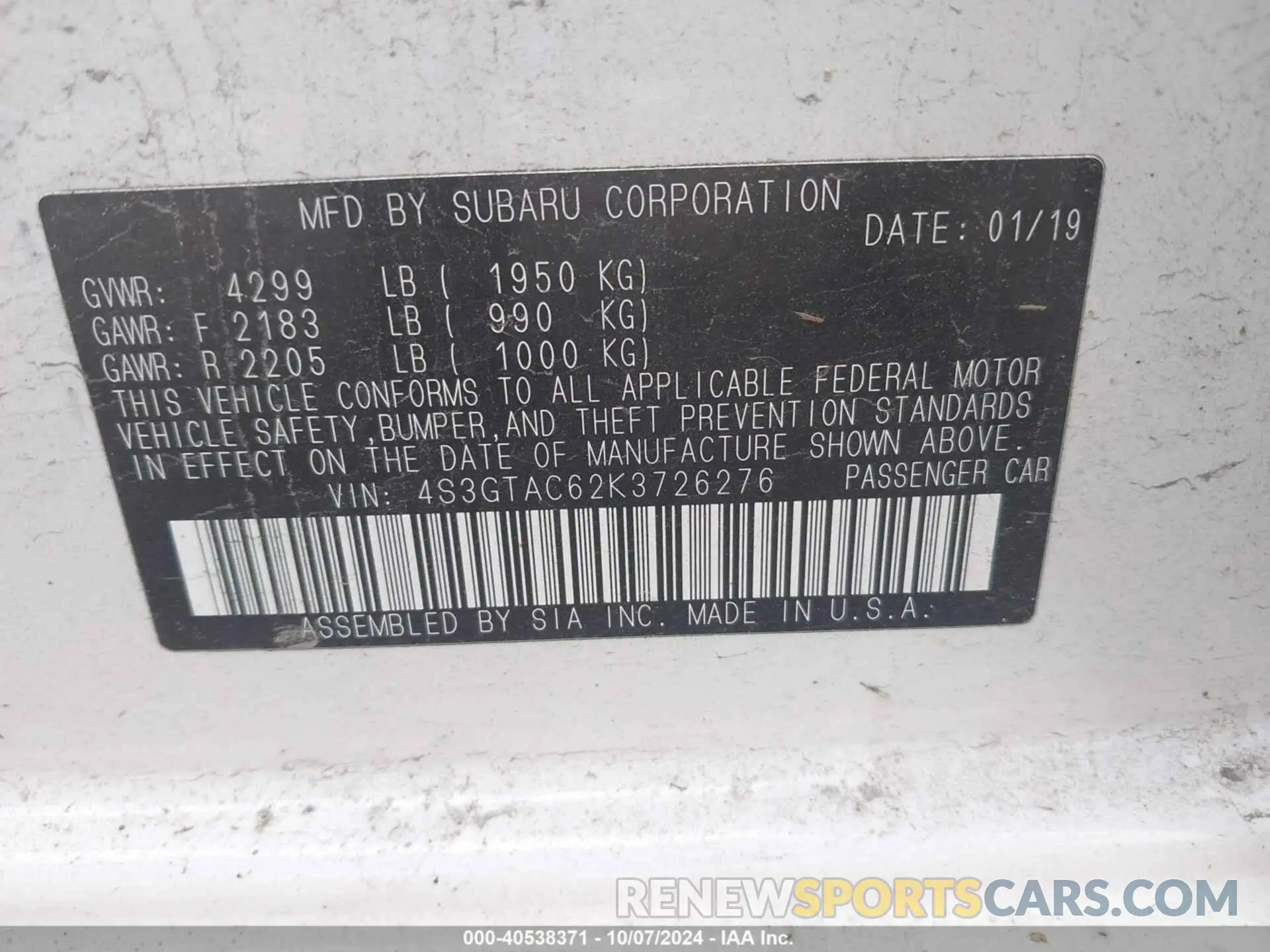 9 Photograph of a damaged car 4S3GTAC62K3726276 SUBARU IMPREZA 2019
