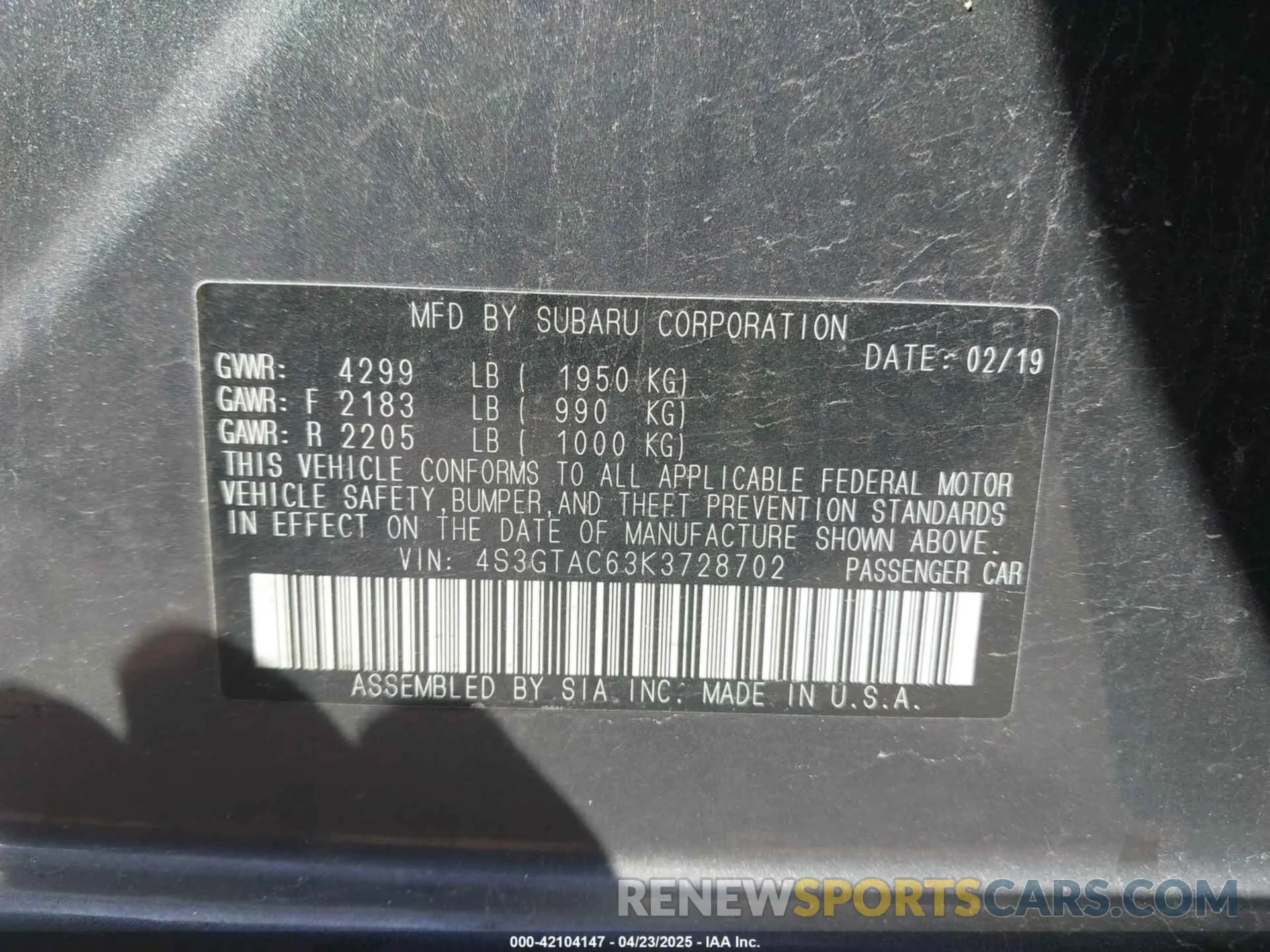 9 Photograph of a damaged car 4S3GTAC63K3728702 SUBARU IMPREZA 2019