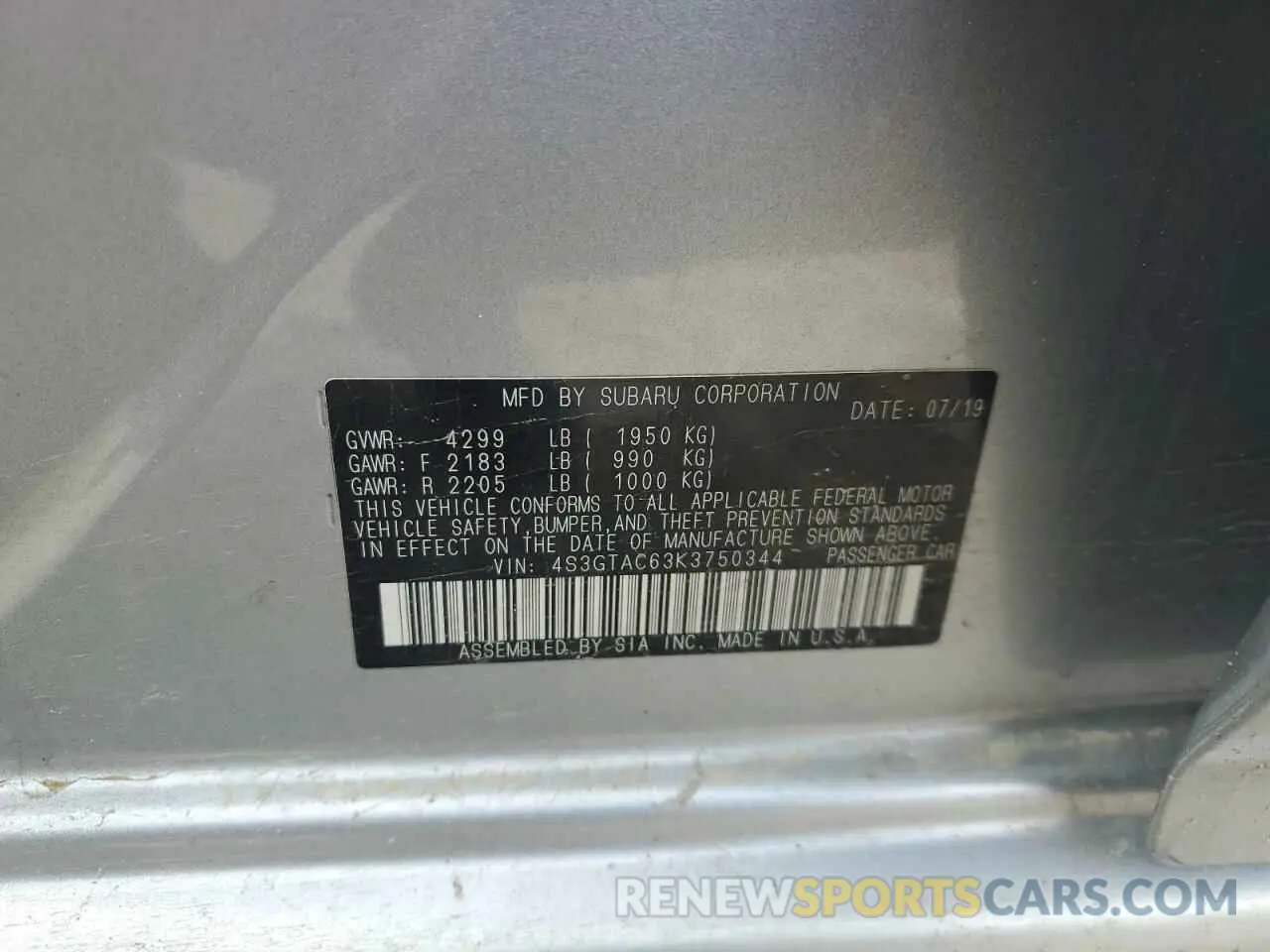 13 Photograph of a damaged car 4S3GTAC63K3750344 SUBARU IMPREZA 2019