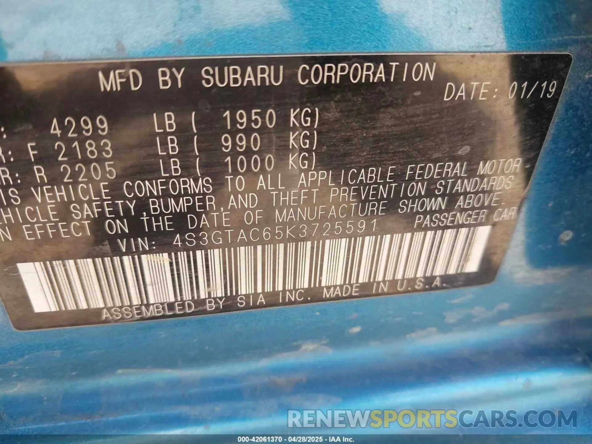 9 Photograph of a damaged car 4S3GTAC65K3725591 SUBARU IMPREZA 2019