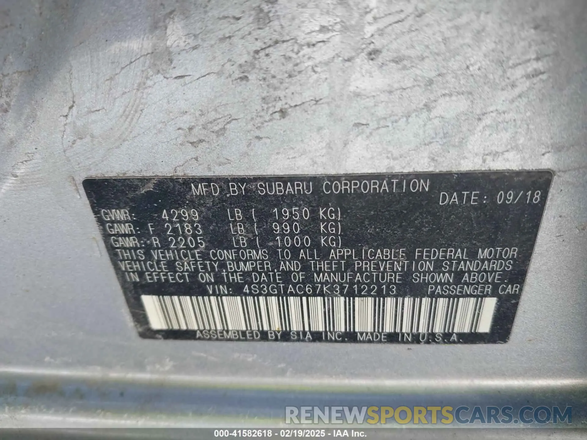 9 Photograph of a damaged car 4S3GTAC67K3712213 SUBARU IMPREZA 2019