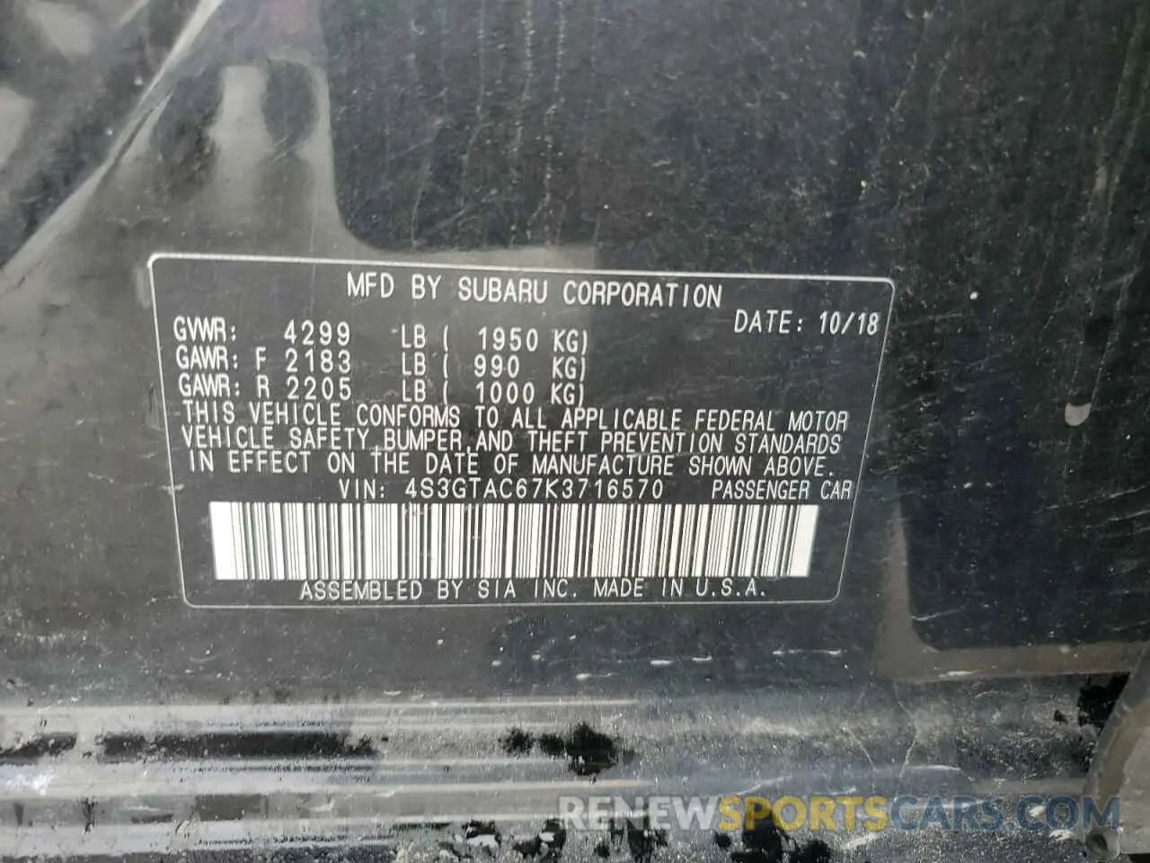 13 Photograph of a damaged car 4S3GTAC67K3716570 SUBARU IMPREZA 2019