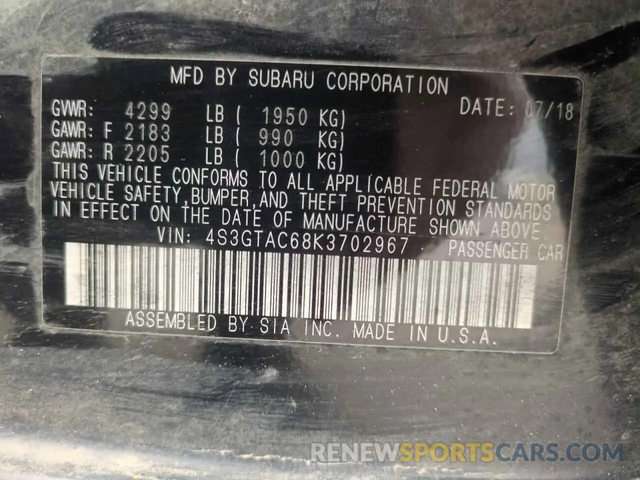 13 Photograph of a damaged car 4S3GTAC68K3702967 SUBARU IMPREZA 2019