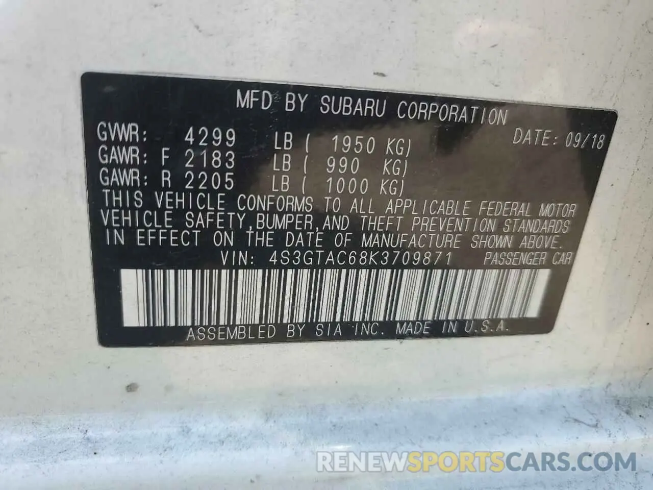 12 Photograph of a damaged car 4S3GTAC68K3709871 SUBARU IMPREZA 2019