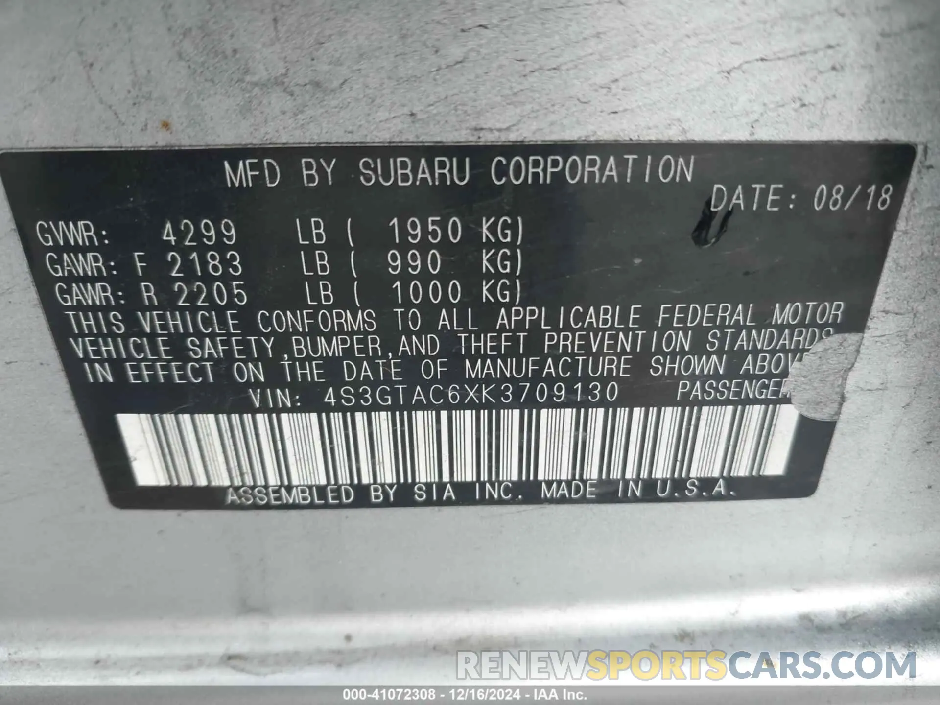 9 Photograph of a damaged car 4S3GTAC6XK3709130 SUBARU IMPREZA 2019